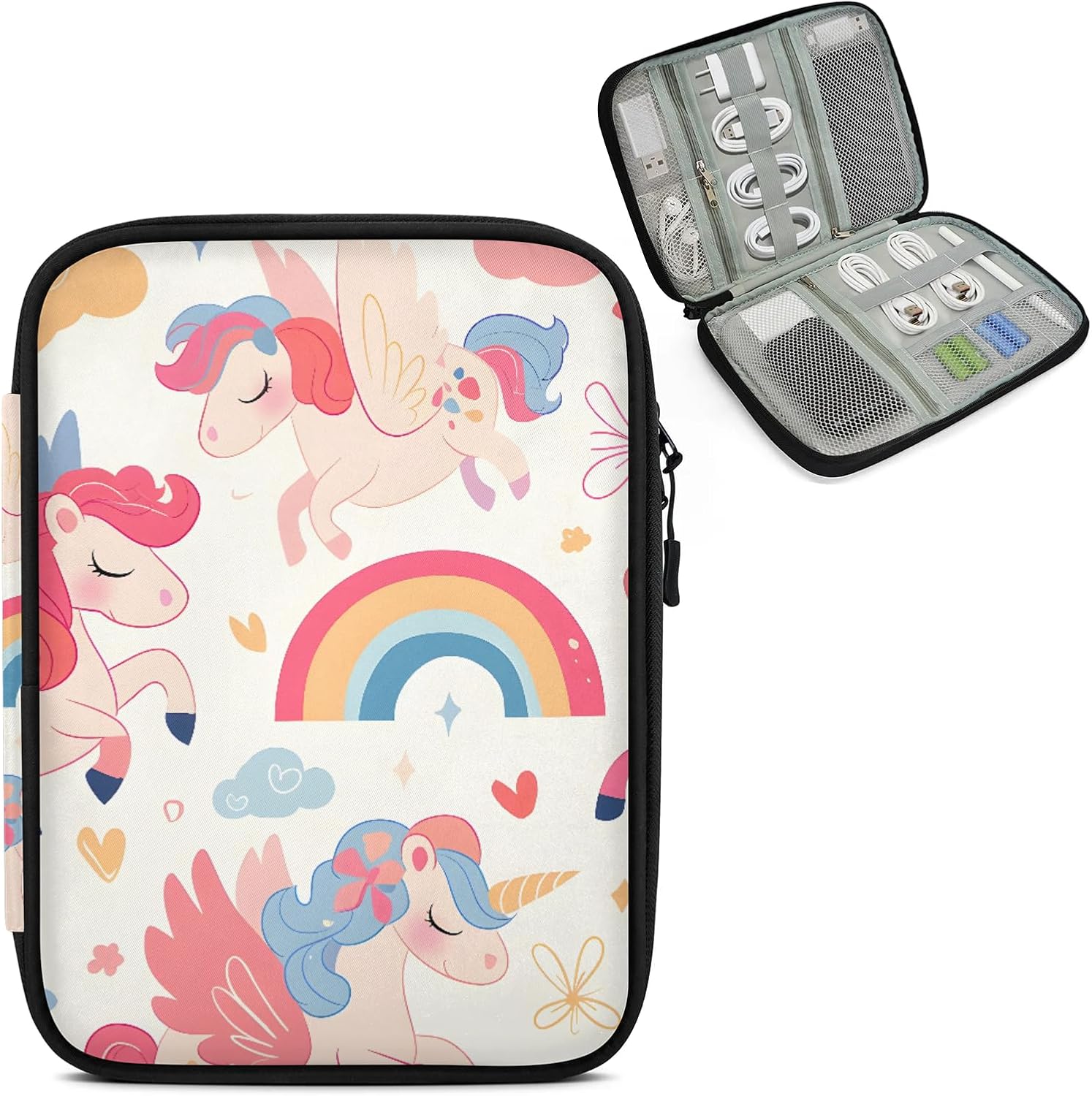 Unicorn Rainbow Travel Electronic Organizer Case, Slim Cable Management Bag for Game Console & Accessories, Portable Double Zipper Pouch with Mesh Pockets & Elastic Straps