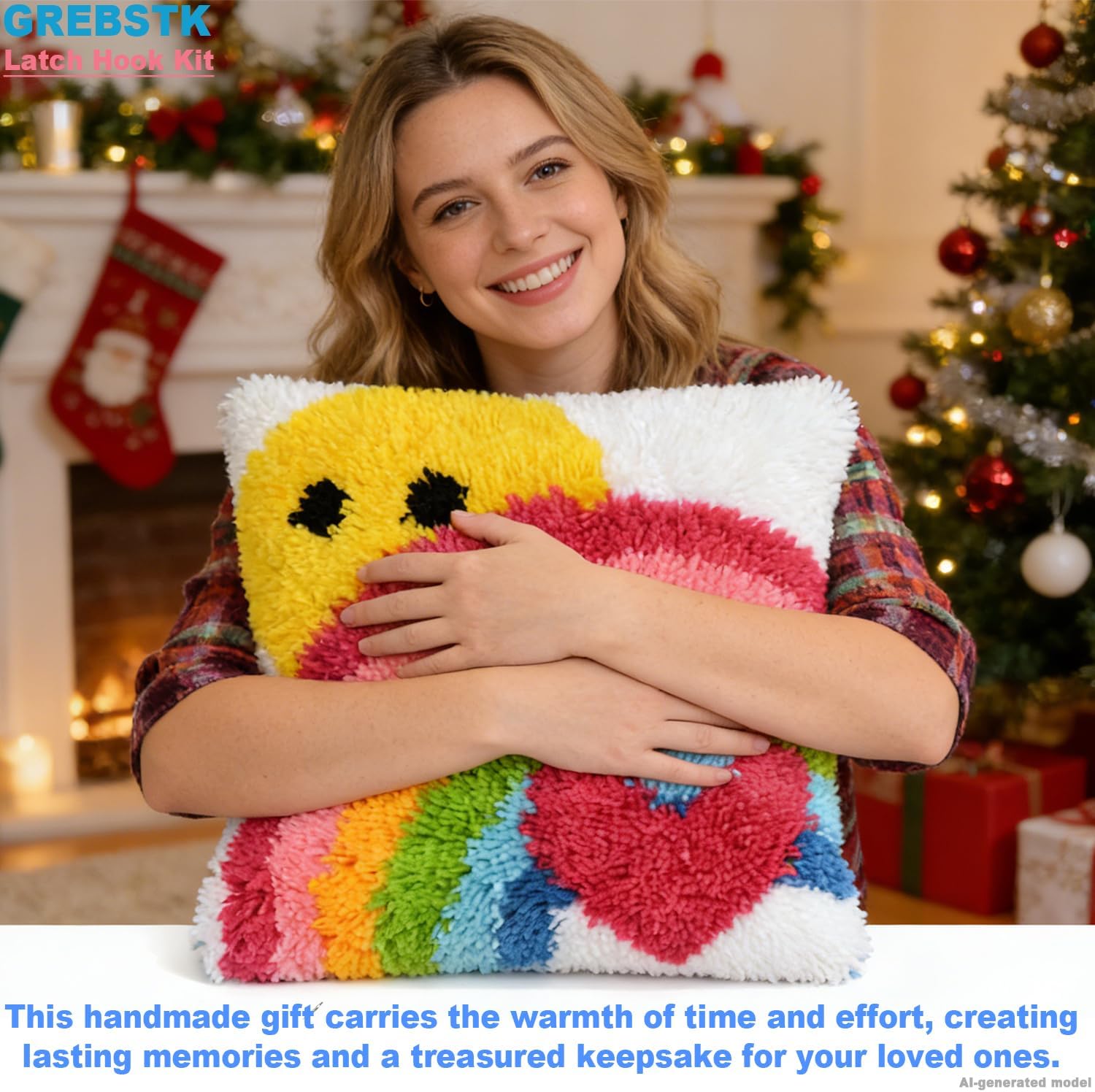 GREBSTK Latch Hook Kit DIY Throw Pillow Cover Sofa Cushion Cover Sun & Rainbow Pattern Paint Cross Stitch 16X16 inch