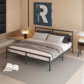 Metal Platform Bed Frame with Headboard, Black Steel Construction, King Size, No Box Spring Required, Modern Minimalist Style, 81.5x77.6x36.9 Inches, 660 lbs Weight Capacity