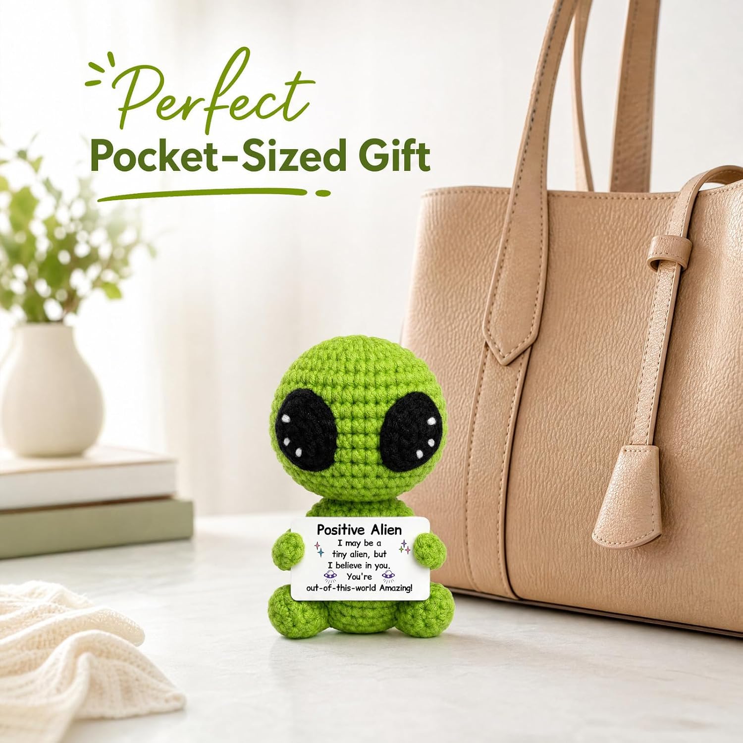 BOBPPOP Green Crochet Alien with Positive Affirmation Card, Handmade Amigurumi, Uplifting Inspirational Gift for Women Men, Desk Decor, Birthday Present