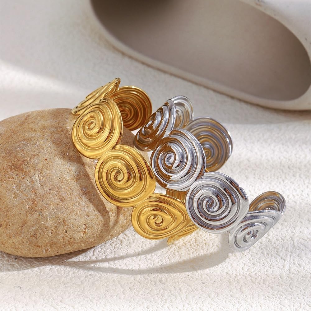YWMAN Spiral Adjustable Cuff Bracelet, Chunky Swirl Open Bangle, Stainless Steel Boho Statement Jewelry for Women