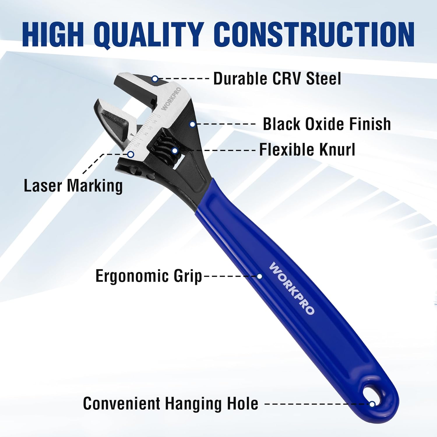 WORKPRO 5-piece Adjustable Wrench Set, 4-Inch & 6-Inch & 8-Inch & 10-Inch & 12-Inch Wrenches, Wide Jaw Black Oxide Wrench, Metric & SAE Scales, Cr-V Steel, for Home, Garage, Workshop