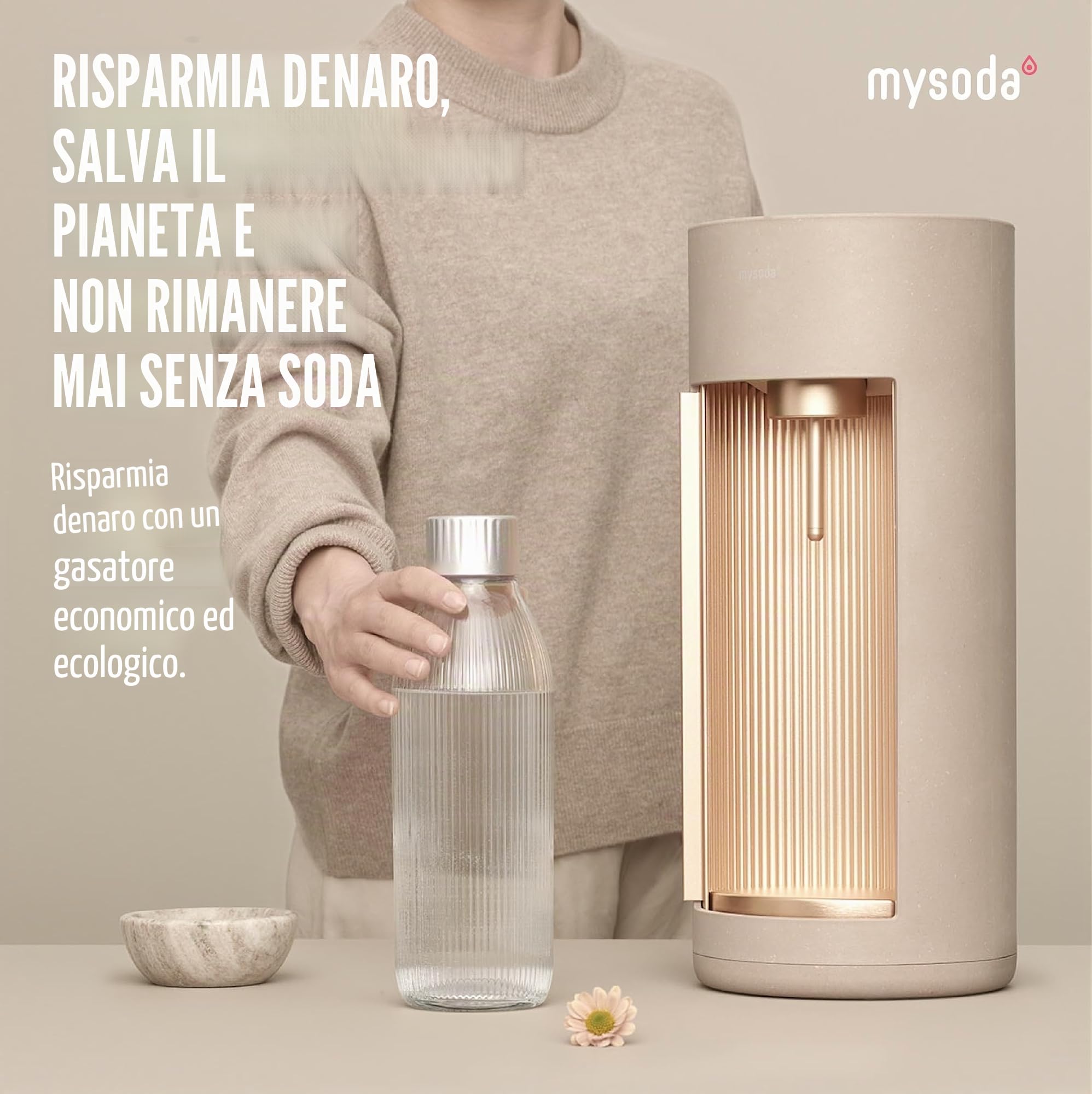 Mysoda Glassy - Gasatore d’acqua per l’acqua frizzante con bottiglia in vetro (senza bombola di CO2) - Beige (latte)