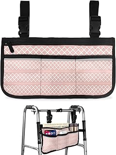 Contemporary Geometry,Wheelchair Side Bag, Wheelchair Walker Armrest Bags with Cup Holder & Reflective Stripes, Mobility Scooter Walker Rollator Wheelchair Accessories Minimalist Abstract Pink Stripe