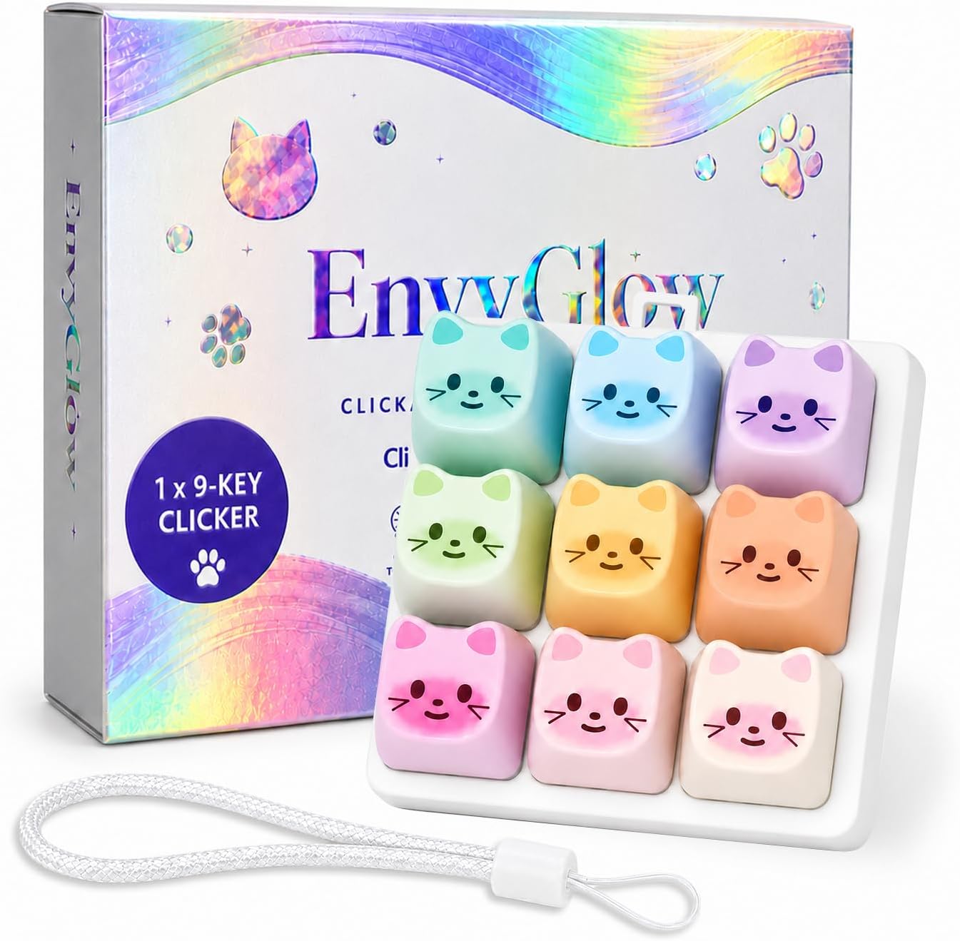 9-Key Cat Keyboard Fidget Clicker, Pastel Mechanical Key Button Toy with Portable Wrist Strap, Cute Tactile Desk Accessory and Gift for Teens and Adults