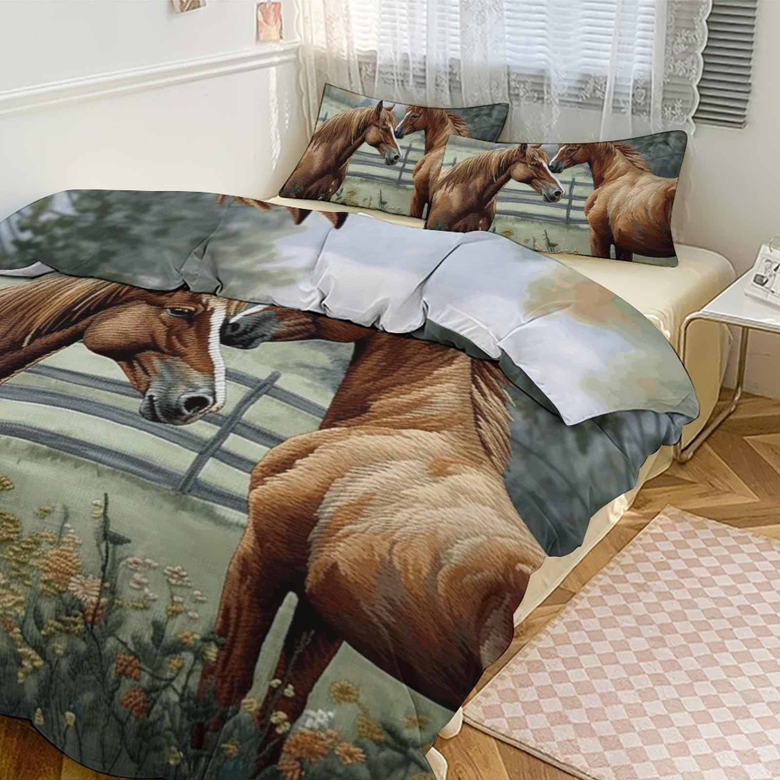 Parure de lit réversible chevaux brodés housse de couette anti-pli grand format