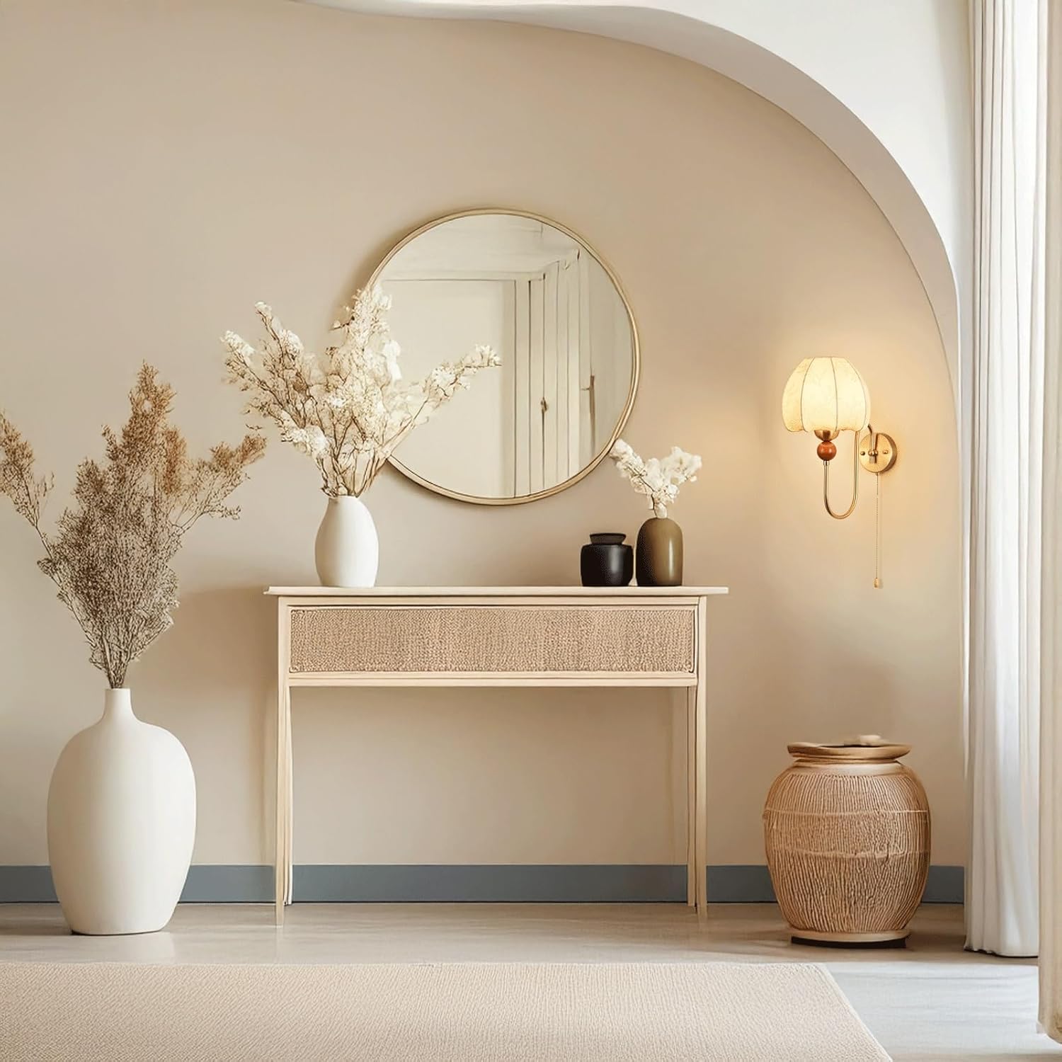 Wall Sconce Vintage Elegant Iron Wood Fabric Shade Wall Light Hardwired Indoor Wall Lamp Pull Chain Ambient Decorative Accent for Bedroom Living Room Study Hallway Wall Mounted Light Fixture