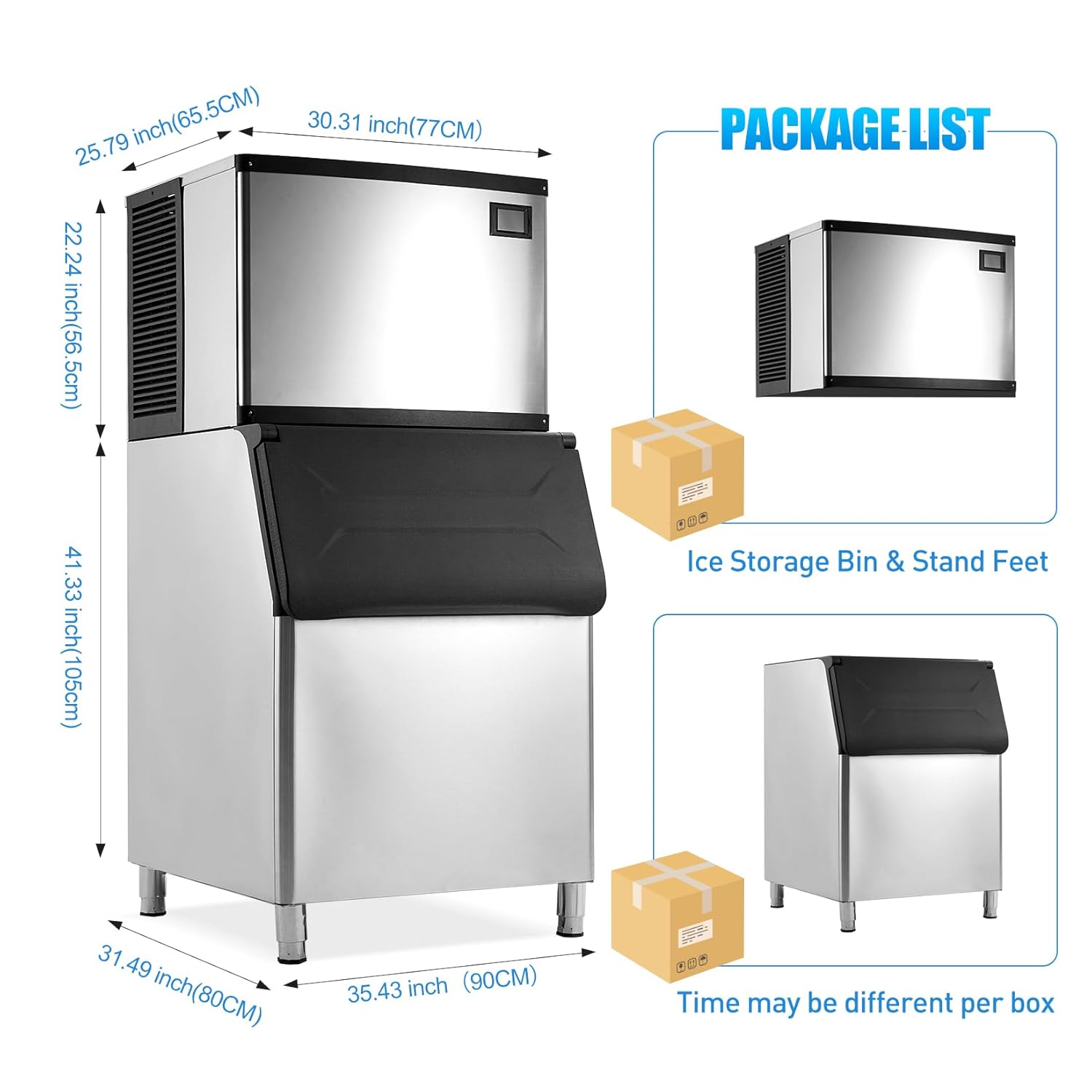 Package list and dimensions of the ice maker