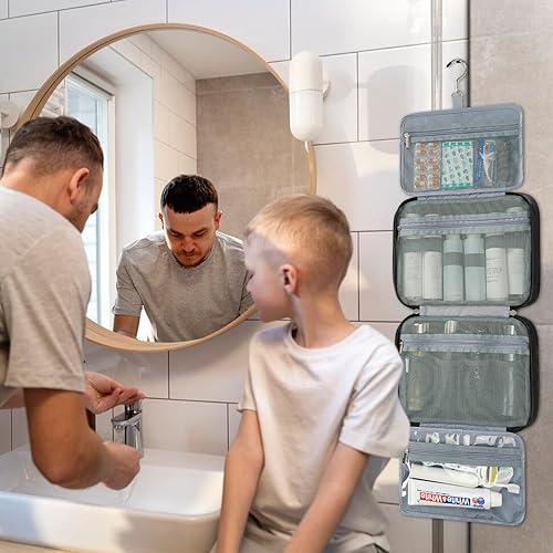 Miniatura 7 de WANDF Neceser de viaje para hombres y mujeres, kit Dopp bolsa de afeitar con 4 compartimentos organizador de viaje bolsa de baño, Negro -