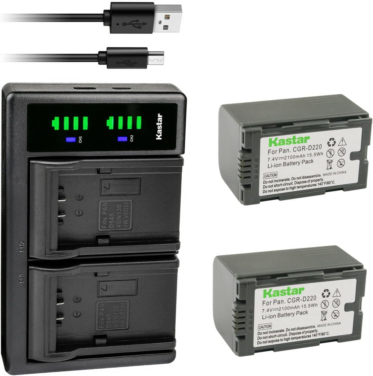 Kastar 2-Pack CGR-D16S Battery and LTD2 USB Charger Compatible with Panasonic AG-AC90 AG-AC90P AG-AC90PJ AG-AC90PX AG-DVC7 AG-DVC7P AG-DVC15 AG-DVC15P AG-DVC30 AG-DVC30E AG-DVC32 AG-DVC33 Camera