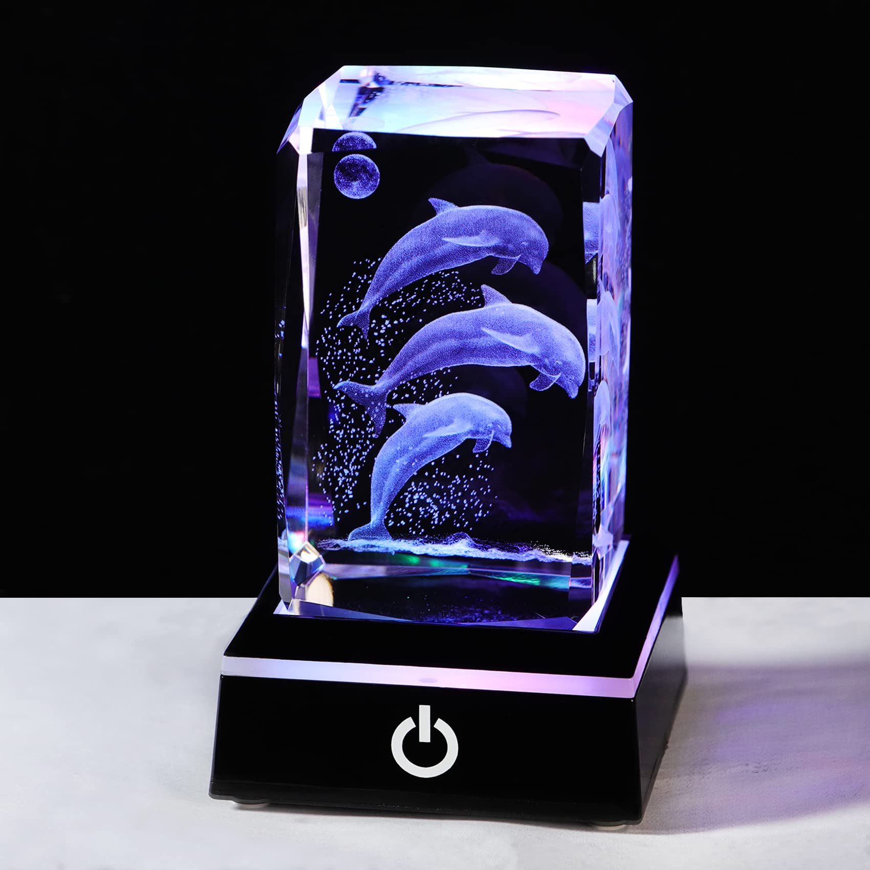 Ornalrist 3D Crystal Engraved 3 Dolphins Figurines Statue Dolphin Gifts for Women Men, Birthday Gifts for Dolphin Lovers Friends Glass Ornaments with LED Base for Home Decoration
