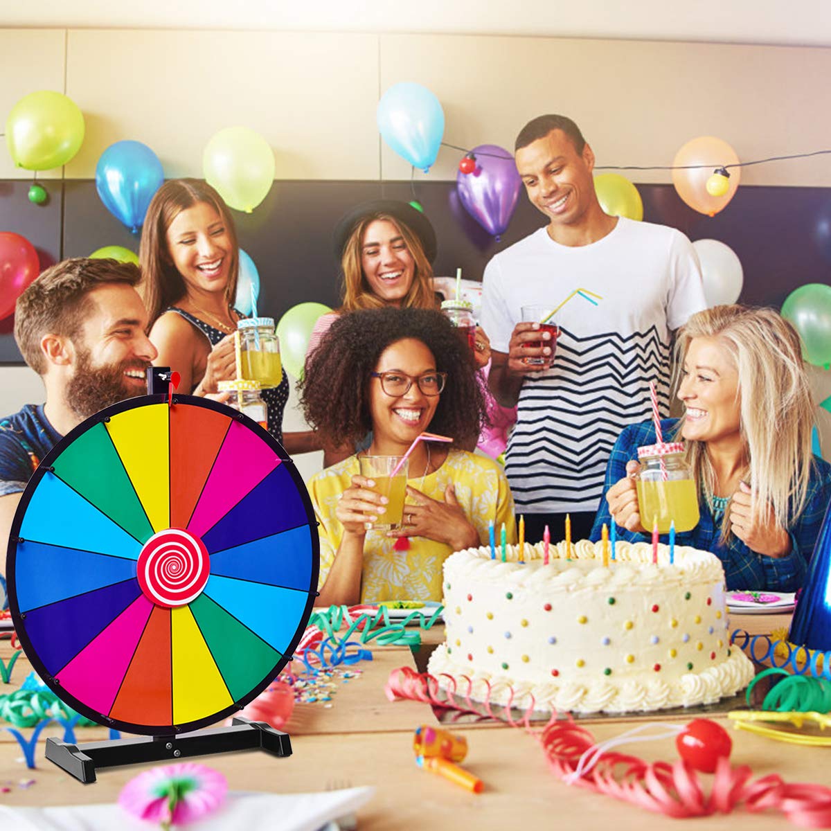 FANTASK 18" Glücksrad Spielzeug inkl. Radiergummi & Markierstift, Gluecksrad, Drehendes Preisrad für Partys, Kneipen & Messen, Rad Spiele für Lotteriespiele, Wortspiele (φ48cm)