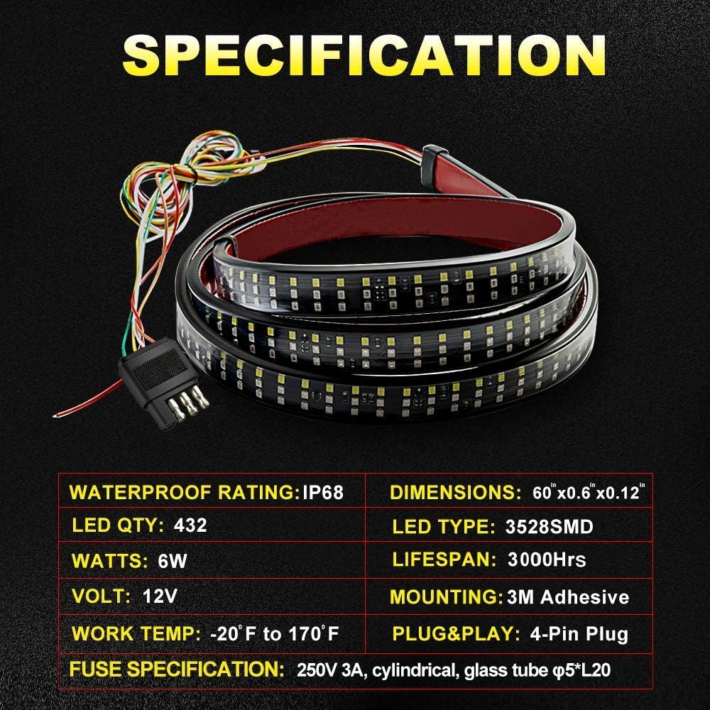 HYB LED Tailgate Light Bar Triple 60 Inches Truck Tailgate Strip Light with 4-Way Flat Connector Wire - Red Brake Running Amber Turn Signal Strobe White Reverse Lights for Pickup Trucks Trailer