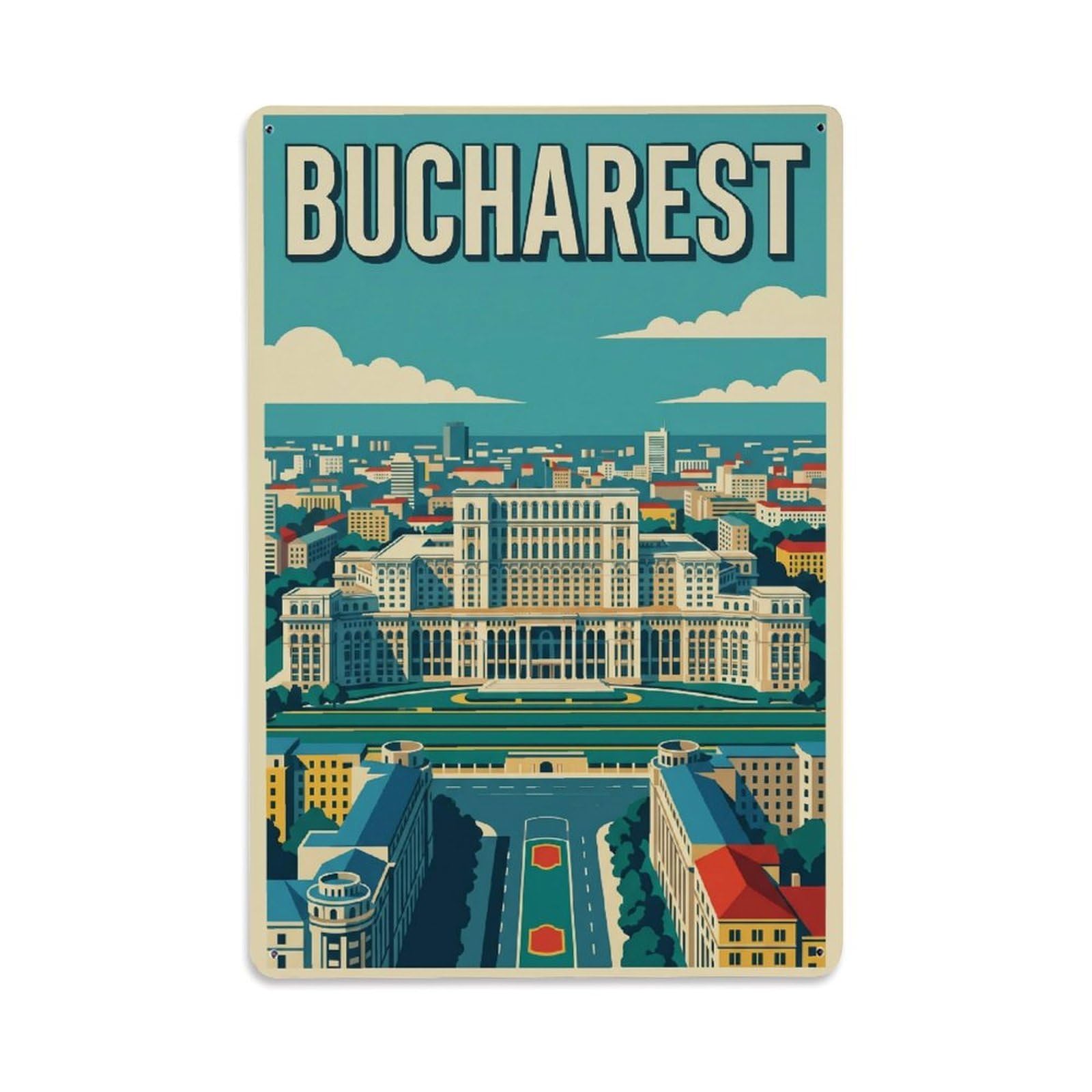 Vintage Travel Bucharest Palace Clean Romania Metal Tin Sign Plaque Wall Decor for Cafe, Club Bar, Office, Home Garden Metal Poster 8x12Inch