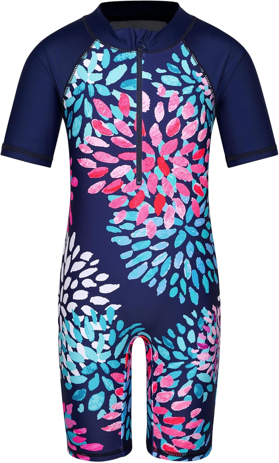 TFJH E Short Sleeve Girls Swimsuits UV 50+ One Pieces Bathing Suits Zipper 2-14Y