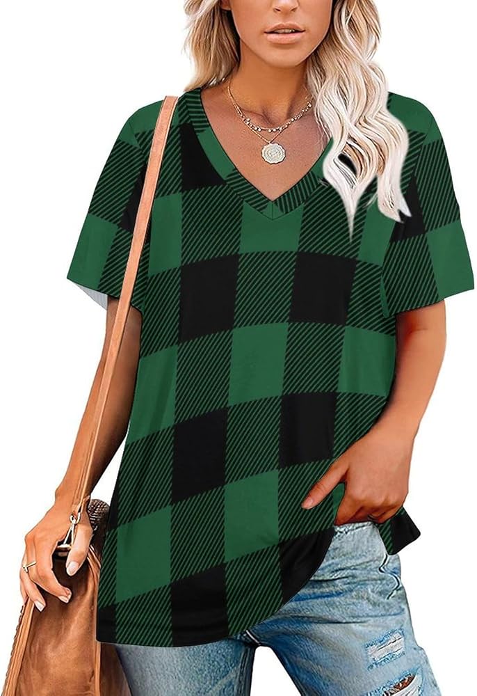 Amazon.com: Black and Green Preppy Buffalo Check Plaid Womens V-Neck Short  Sleeve Loose Casual Pullover T-Shirts S : Clothing, Shoes \u0026 Jewelry