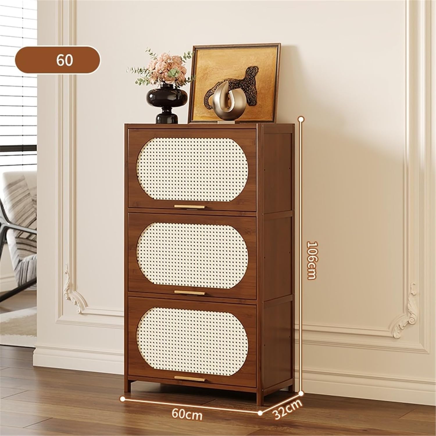 Sideboard Cabinet 3-Tier Rattan Sideboard Corner Bookshelf Floor-Standing Storage Unit for Living Room 60cm Wide Console Coffee Table