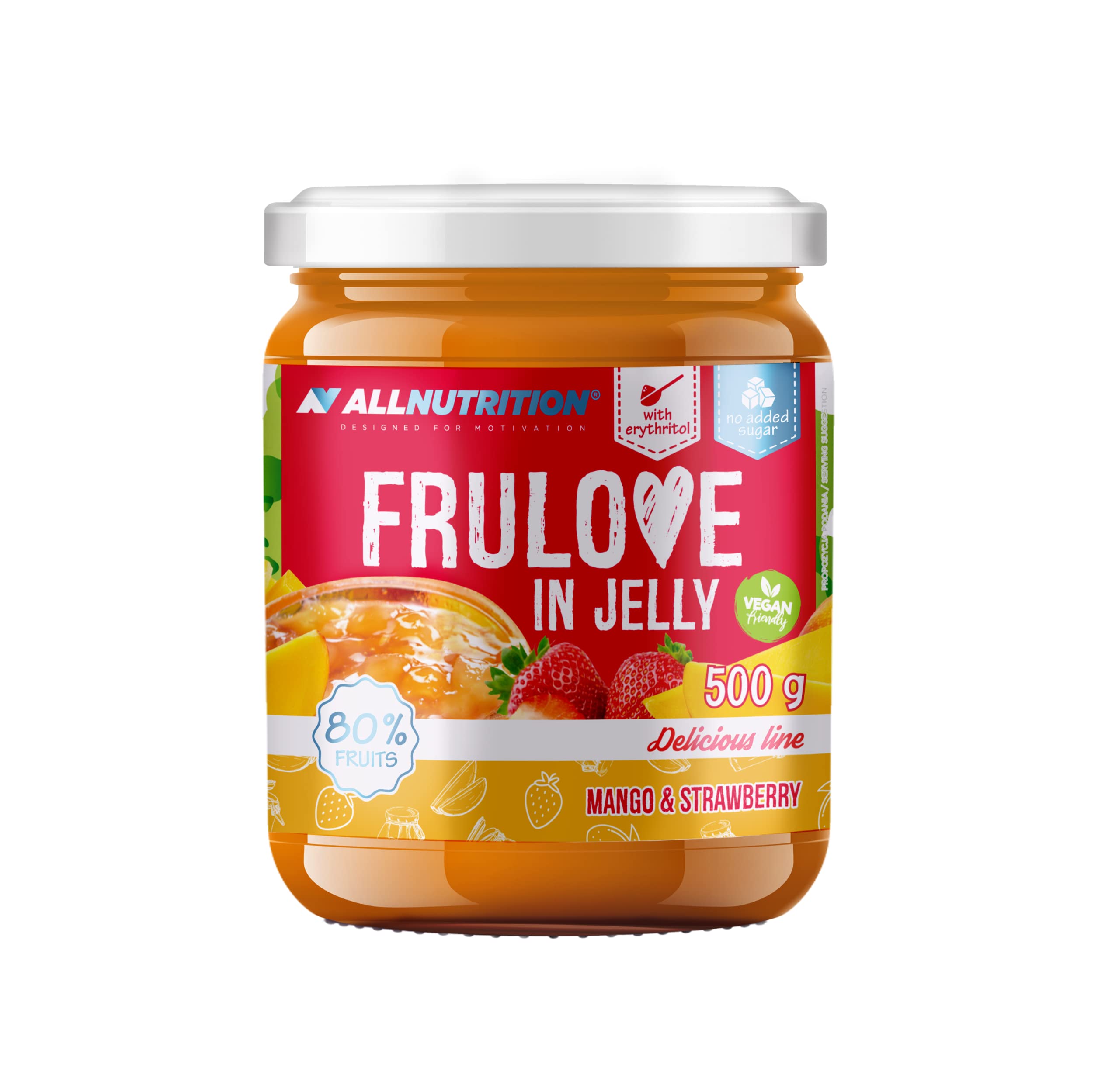 ALLNUTRITION Sugar Free Jam - Frulove In Jelly Mango & Strawberry - Seriously Low Carb Fruits in Jelly - 80% Fruit Jelly Low Calorie Spread - Sugar Free Marmalade - Vegan Friendly - 500g
