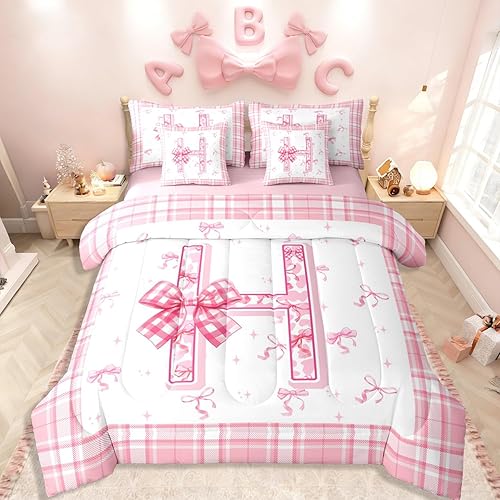 Erosebridal Girly Pink Bow Comforter Set 7 Piece Bed in A Bag Twin,Alphabet Lett
