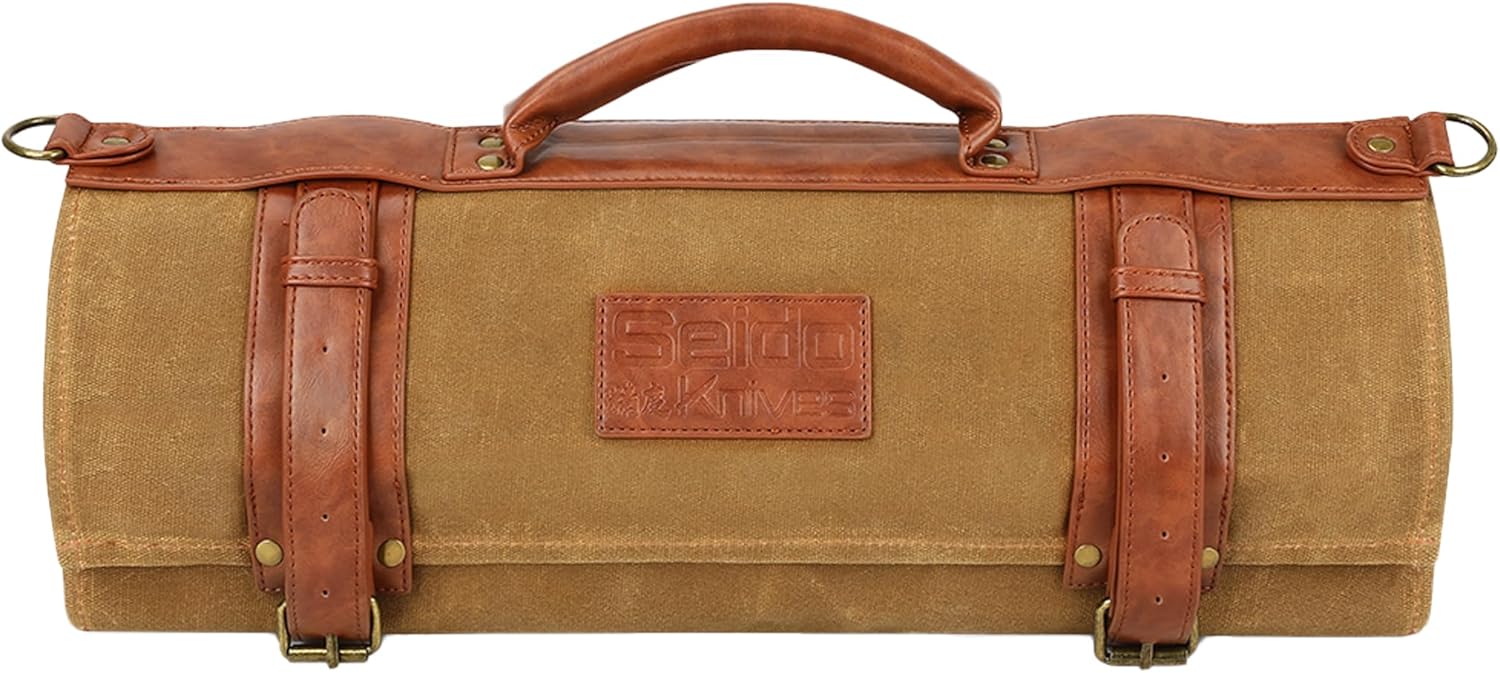 Seido Knives Classic Knife Roll Bag - Heavy Duty Canvas & Leather - Holds 18 Culinary Tools, Including 12 Large Knives, 4 Utensil Slots, and 2 Meat Cleaver Compartments
