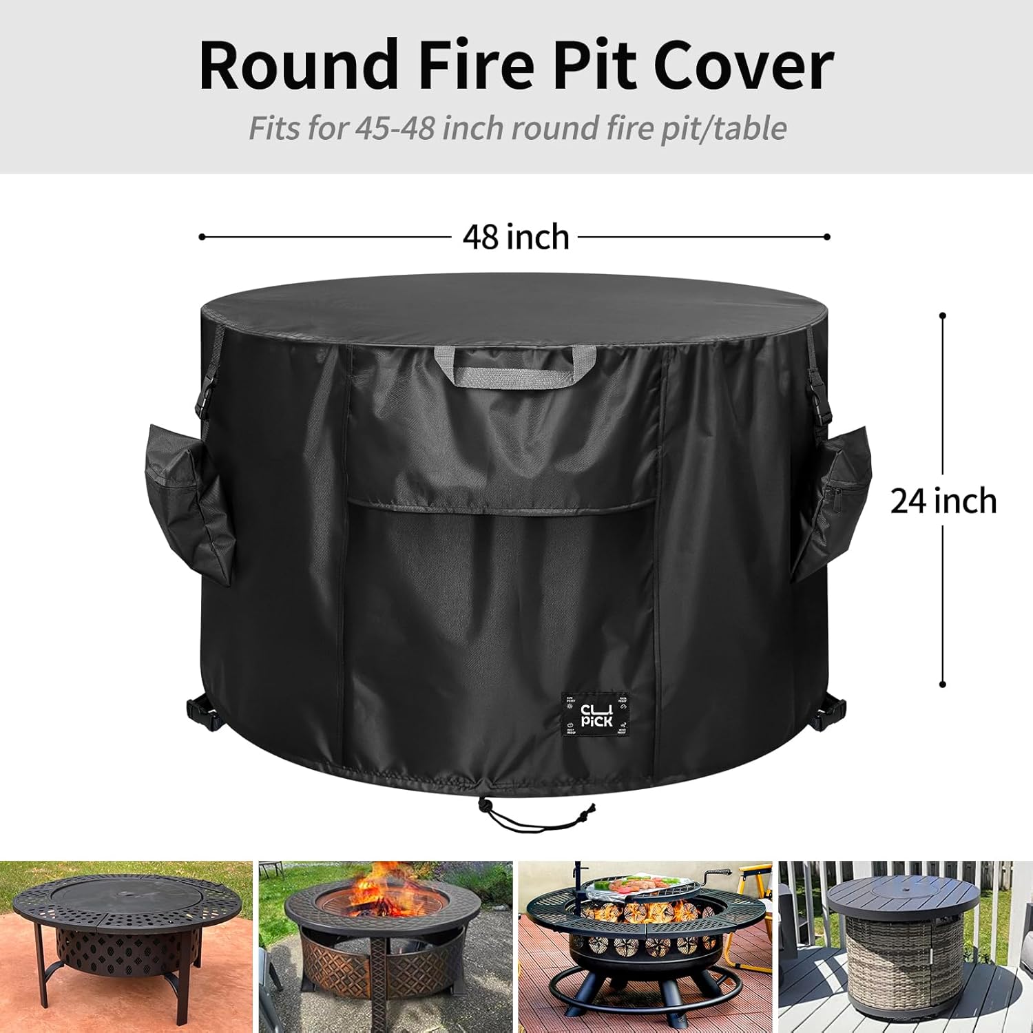 Fire Pit Cover,Heavy-Duty Waterproof Tear-Resistant FirePit Covers Round with Sandbag,Weather and Fade Resistant Fire Pit Cover Round Fits for 45-48 Inch Fire Pit/Table,Black 48" D x 24" H
