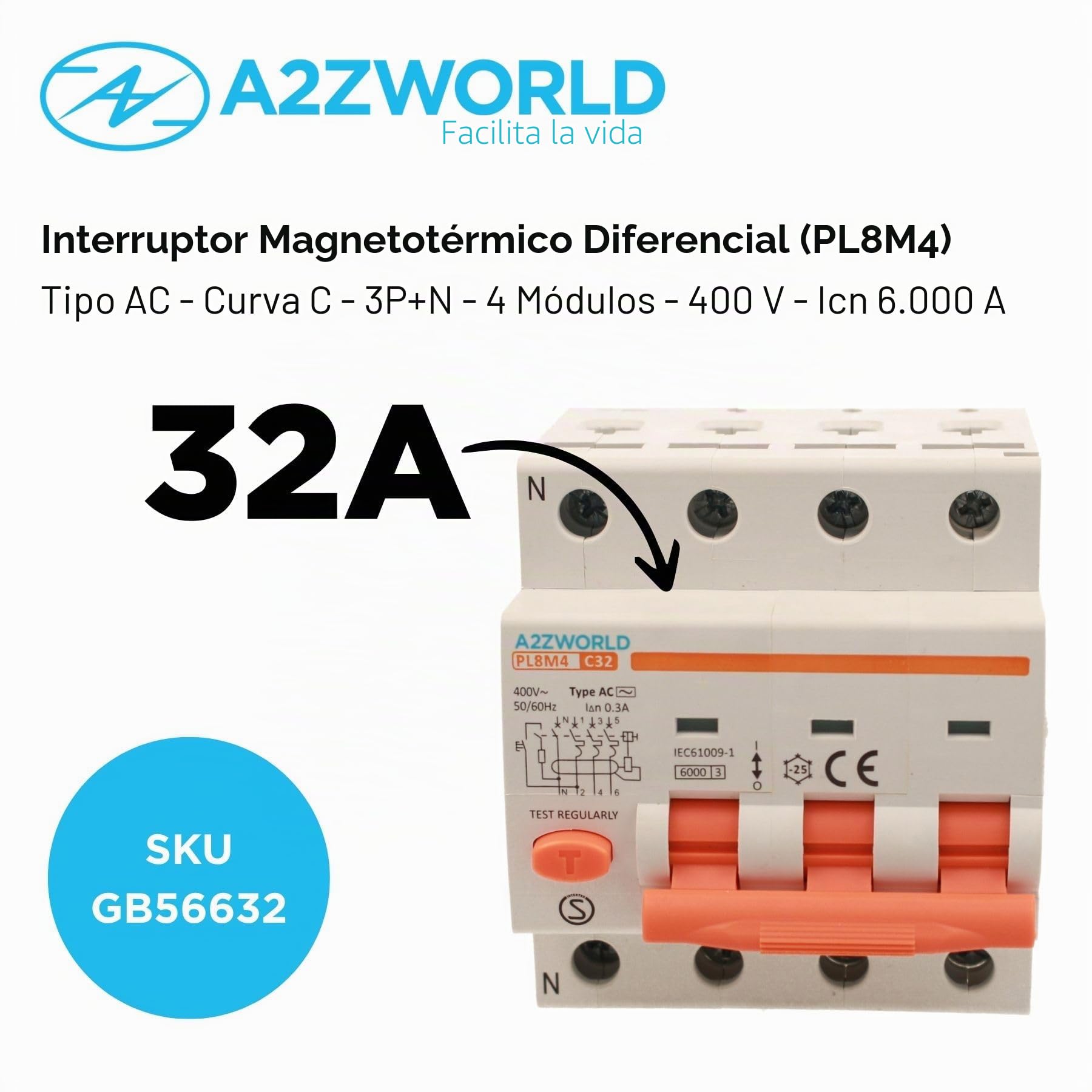 Interruptor magnetotérmico diferencial trifásico 300 mA, 3P+N 6 KA 380 V, Ocupa 4 módulos DIN, RCBO 3P+N 300 mA C32 32 A