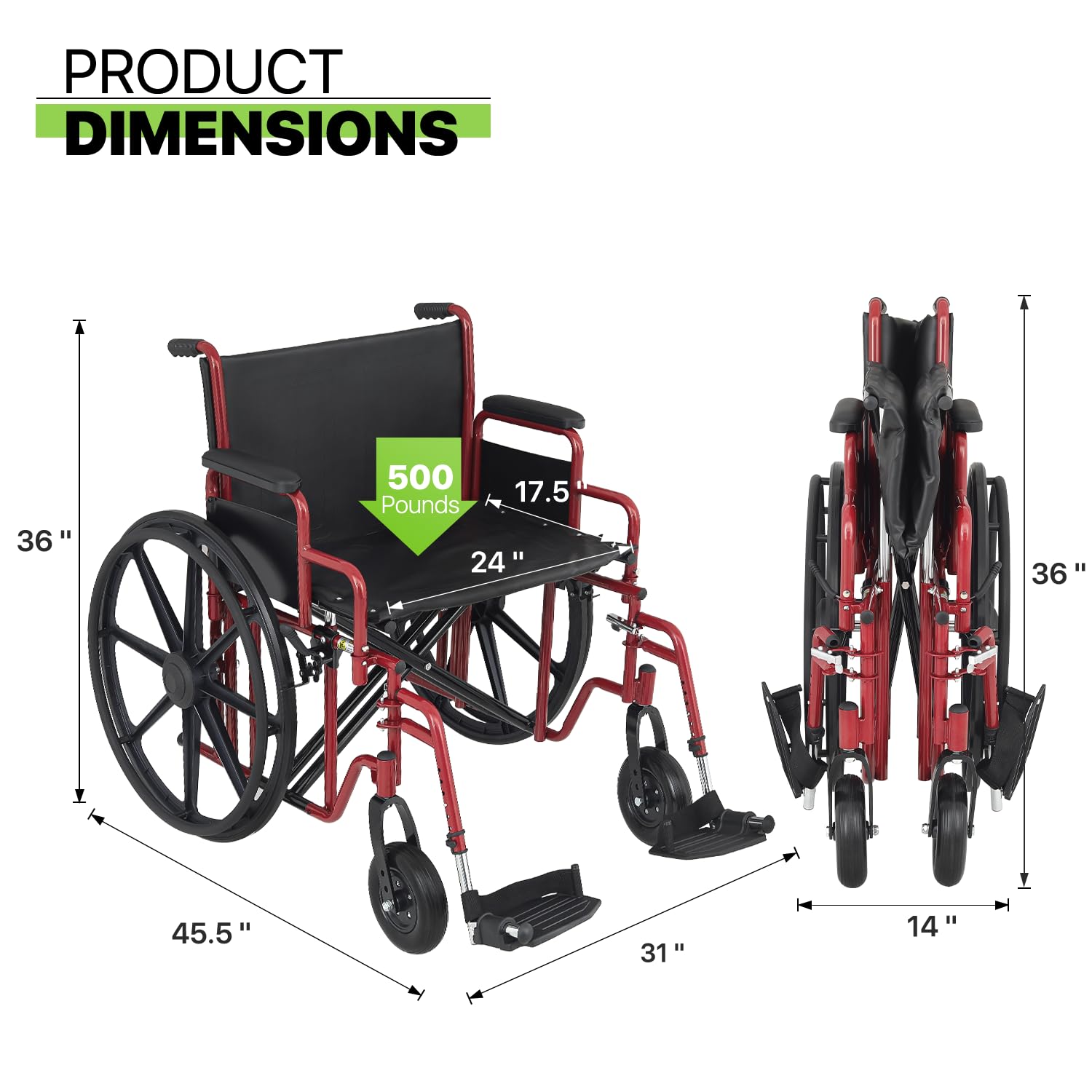 Magshion 24-Inch Wide Folding Heavy Duty All-Terrain Self-Propelled Wheelchair with Adjustable Leg Rest for Adults, Red Steel Frame, 500 lbs Weight Capacity