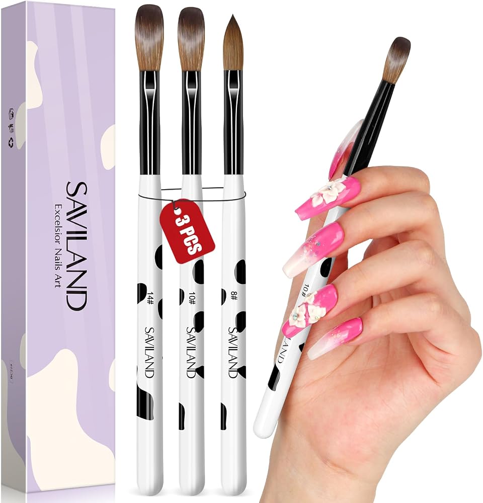 SAVILAND 3PCS Acrylic Nail Brush Set Size 8/10/14 Black & White | Kolinsky Acrylic Nail Brushes, for Acrylics Application, Acrylic Powder Nail Art Extension, for Beginner & Professional