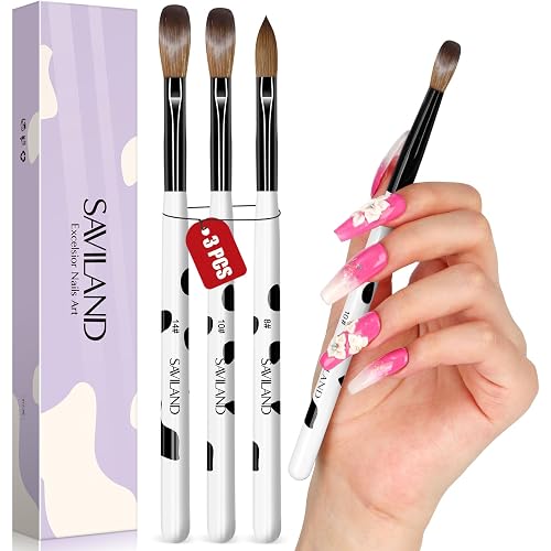 Saviland 3pcs Acrylic Nail Brush Set, Size 8/10/14 Kolinsky Acrylic Nail Brushes for Acrylics Application, Acrylics Powder Nails Art Extension with Black & White Handle for Beginner & Professional
