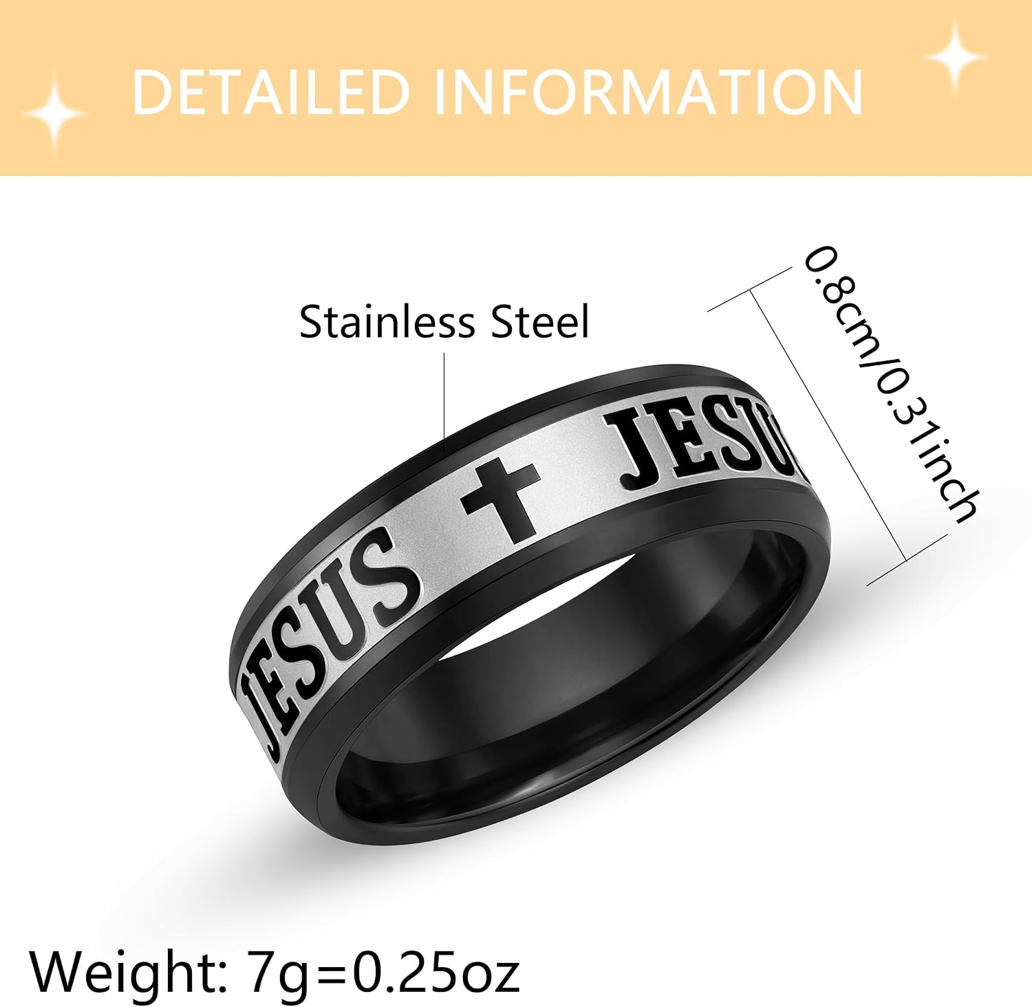Uloveido Stainless Steel JESUS Cross Ring - Christian Faith Scripture Jewelry for Men - 8mm Comfort Fit Wedding Cross Band Durable Polished