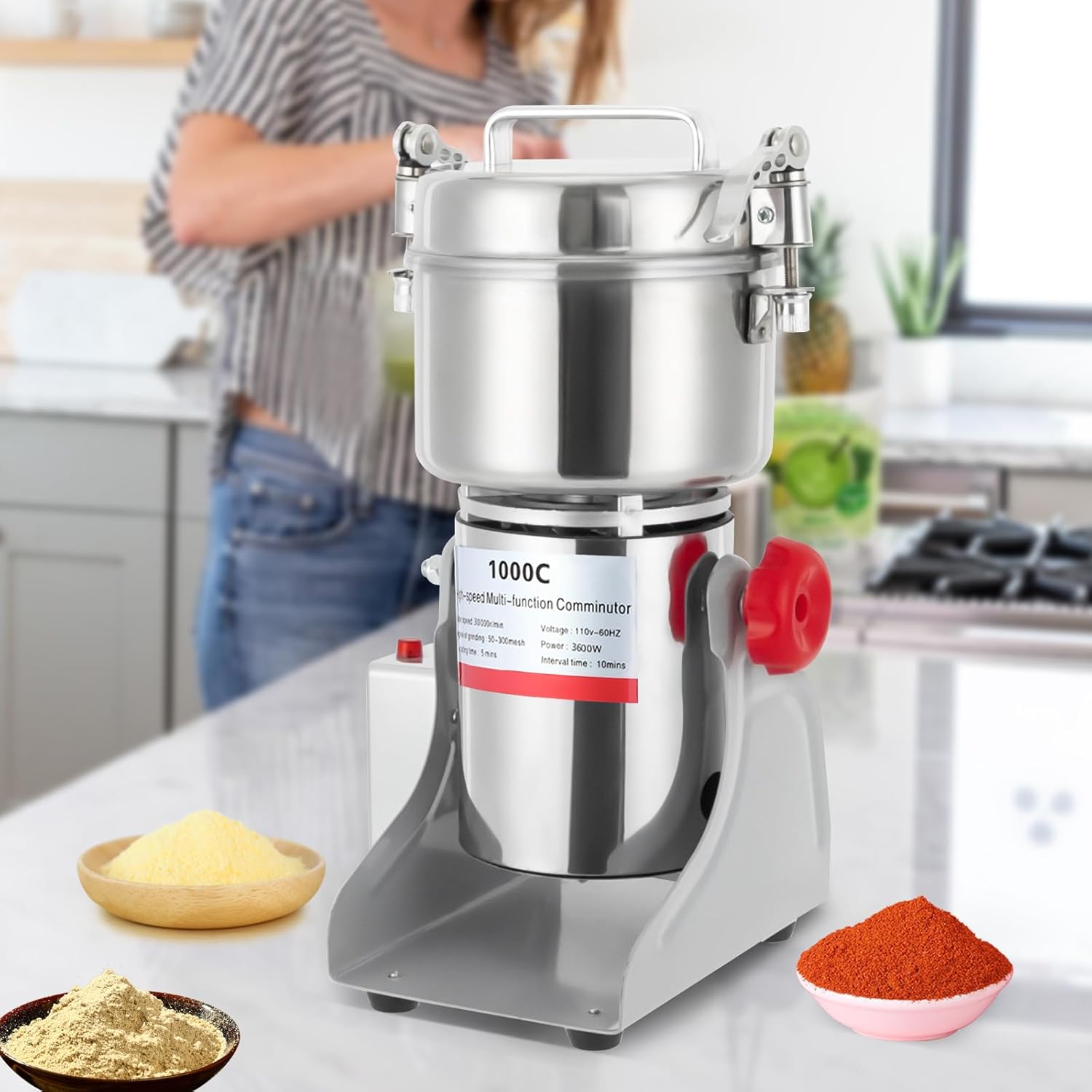Electric Grain Mill Grinder 1000g, 3600 w Copper Motor Swing Type Commercial Grinders, High-speed Grain Spice Herb Dry Grinders Machine for Dry Grains Cereals Coffee Corn Pepper (1000g)