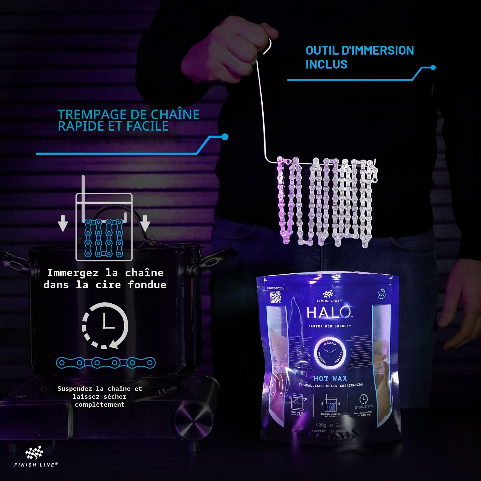 Finish Line HALO™ Hot Wax Kit de cire chaude de qualité supérieure 600 g avec outil de trempage, granulés de cire à fondre, cire de chaîne pour chaîne de vélo, graisse de chaîne pour la durabilité,