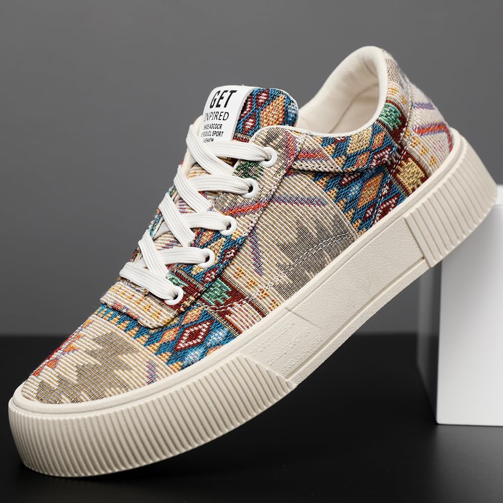 tazimall Men's Ethnic Pattern Lace-up Platform Sneakers, Casual Canvas Shoes