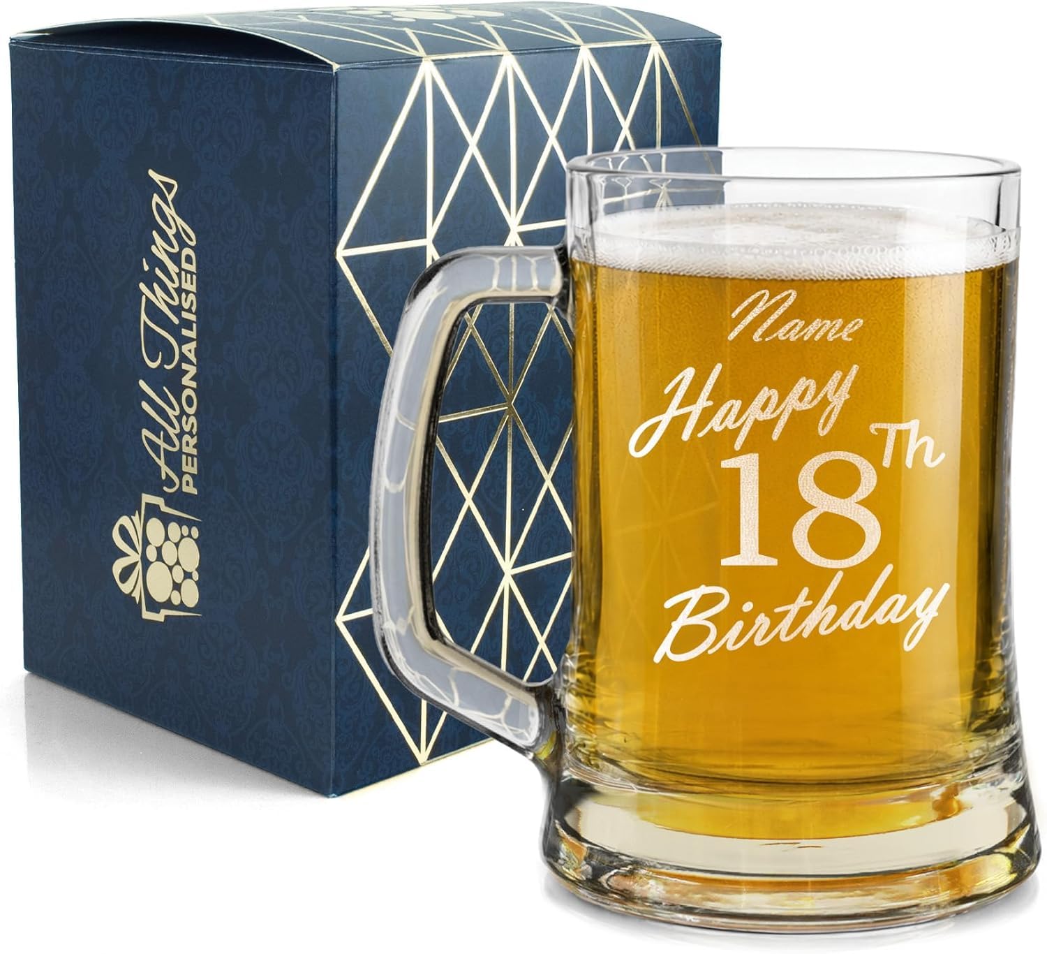 All Things Personalised Chope à Bière Gravée 0,5 L - Cadeau 18 Ans Personnalisé avec Prénom - Verre à Bière Gravure Laser - Coffret Cadeau Inclus