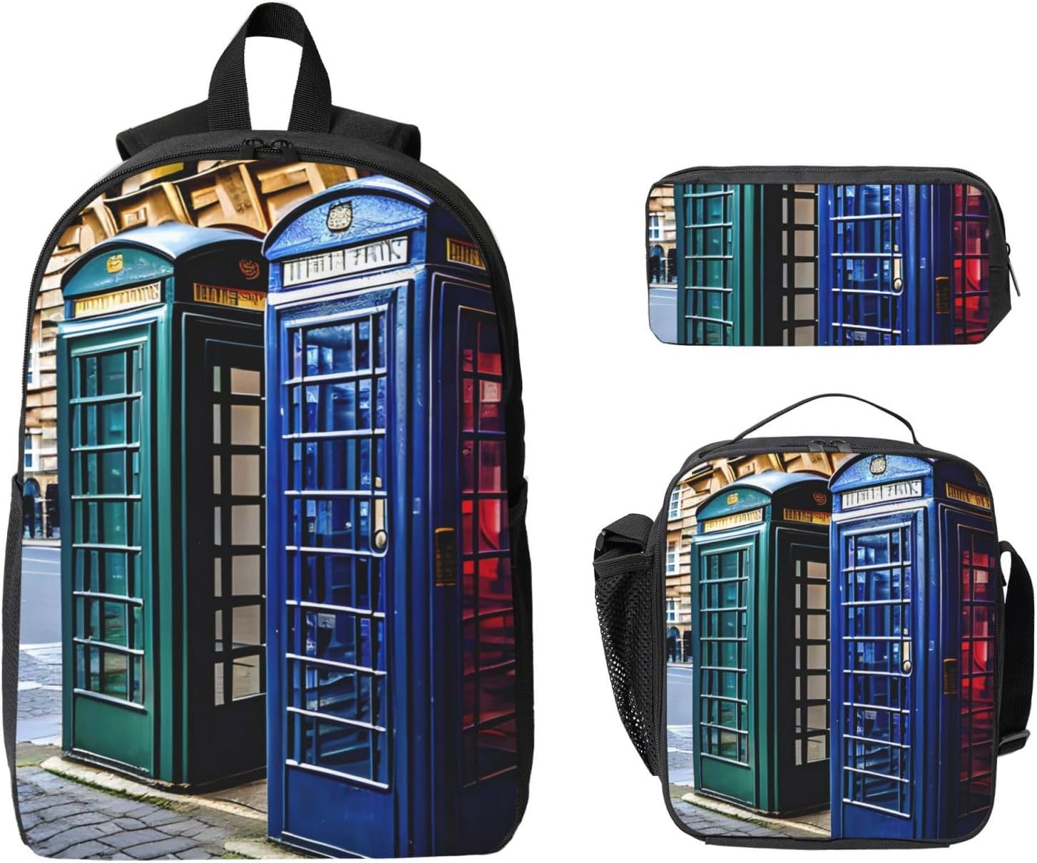 british phone booth print 3 Piece Backpack Bags with Lunch Box Pencil Case Set for Travel Work Camping Unisex