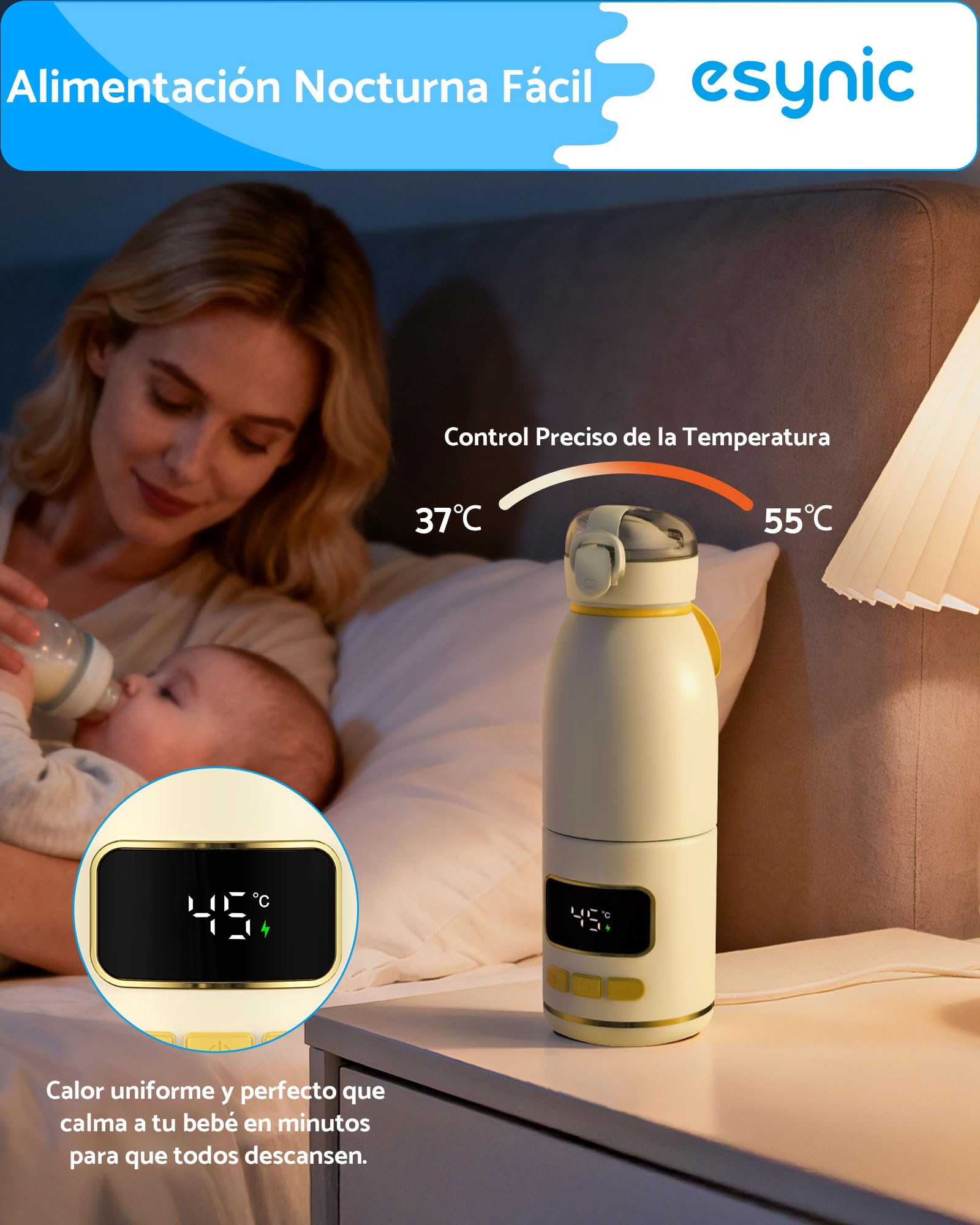 eSynic Calentador de Biberones Portátil para Viaje con Batería de Larga Duración Calienta Biberones para Leche Materna y Agua Rápido Control de Temperatura Acero Inoxidable Capacidad 450ml para Bebé