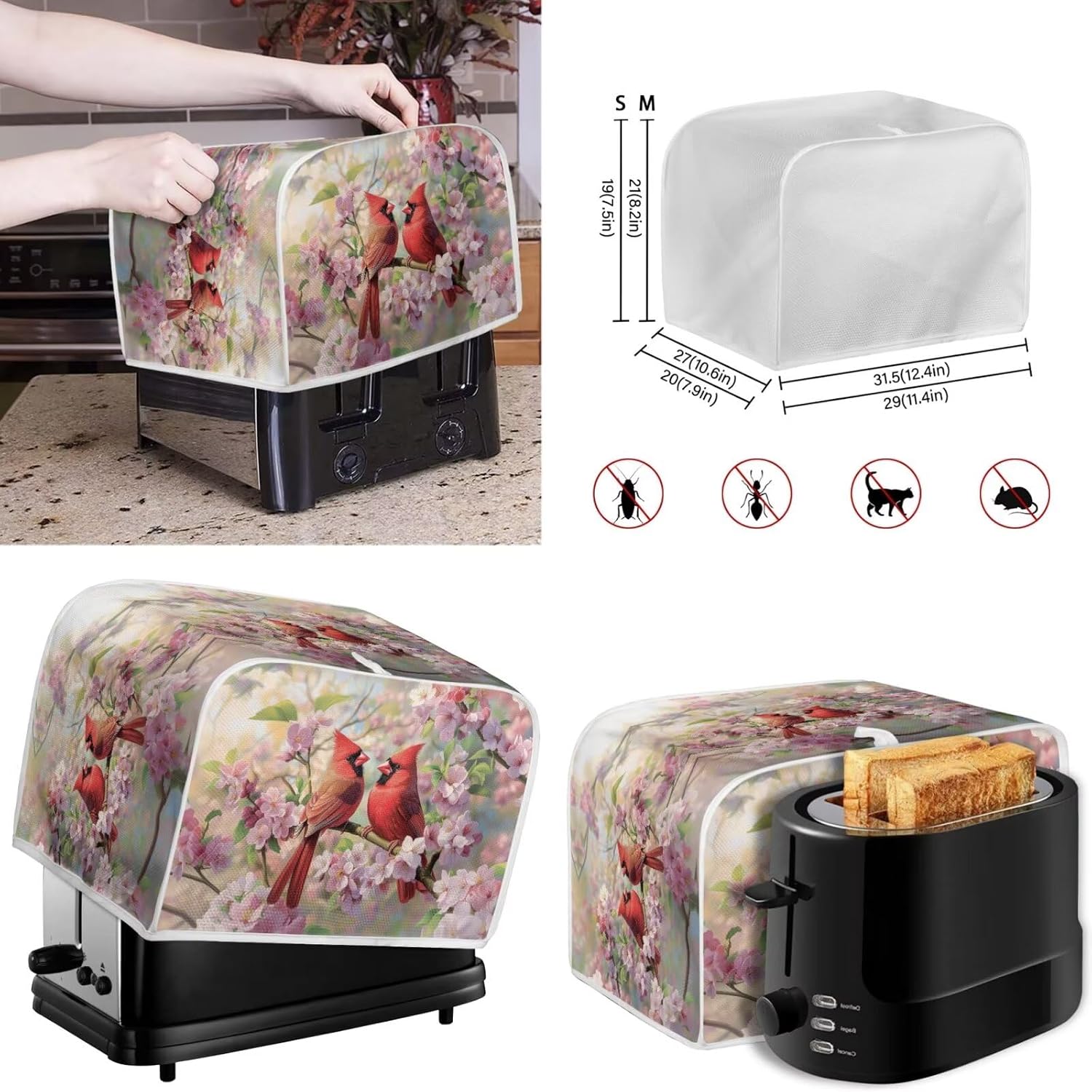 Talayituse Cardinal Cherry Blossom Print 2PCS Blender Cover Toaster Covers Food Processor Dust Cover Coffee Maker Covers Stand Mixer Covers Dust Protection Washable Toaster Oven Dustproof Cover, M