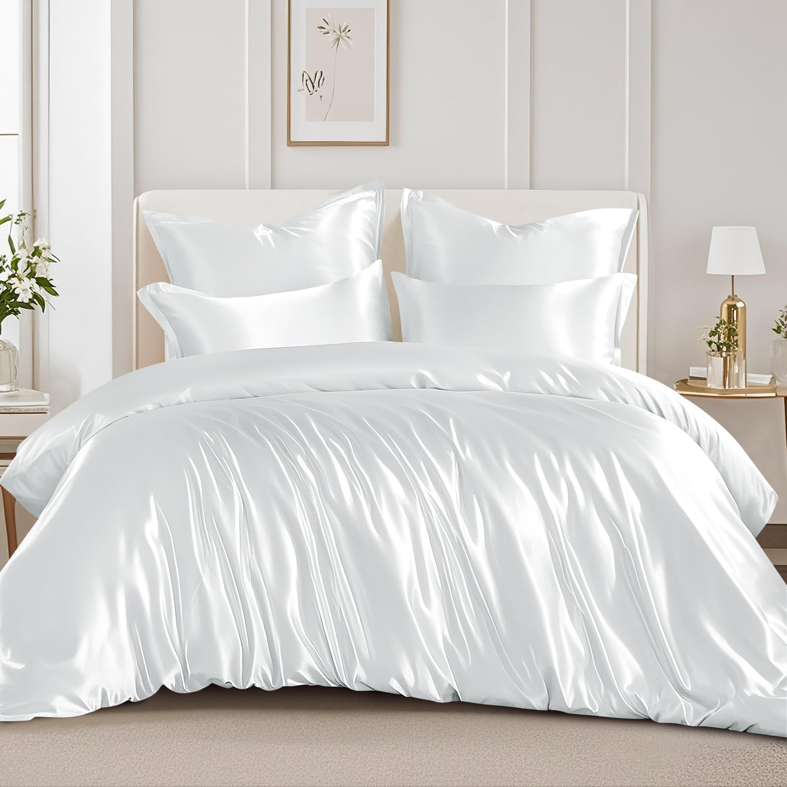 RUIKASI Satin Bedding Set King Size - Silky Duvet Cover Set for Hair and Skin, 3 Piece Duvet Set Quilt Cover with 2 Pillowcases, 230x220cm White