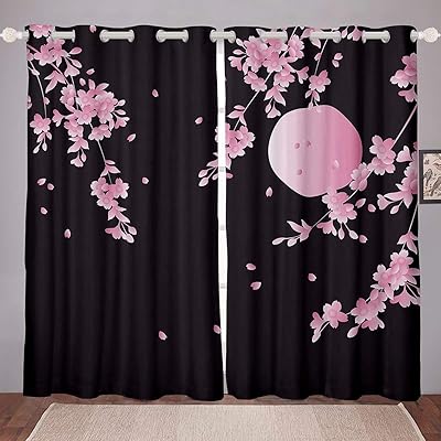 Feelyou Cherry Blossoms Window Treatments Japanese Style Window Drapes Pink Moon Flowers Curtain for Kids Adults Exotic Style Window Curtains Ultra Soft Black Room Decor (2 Panels, 52x84 Inch)