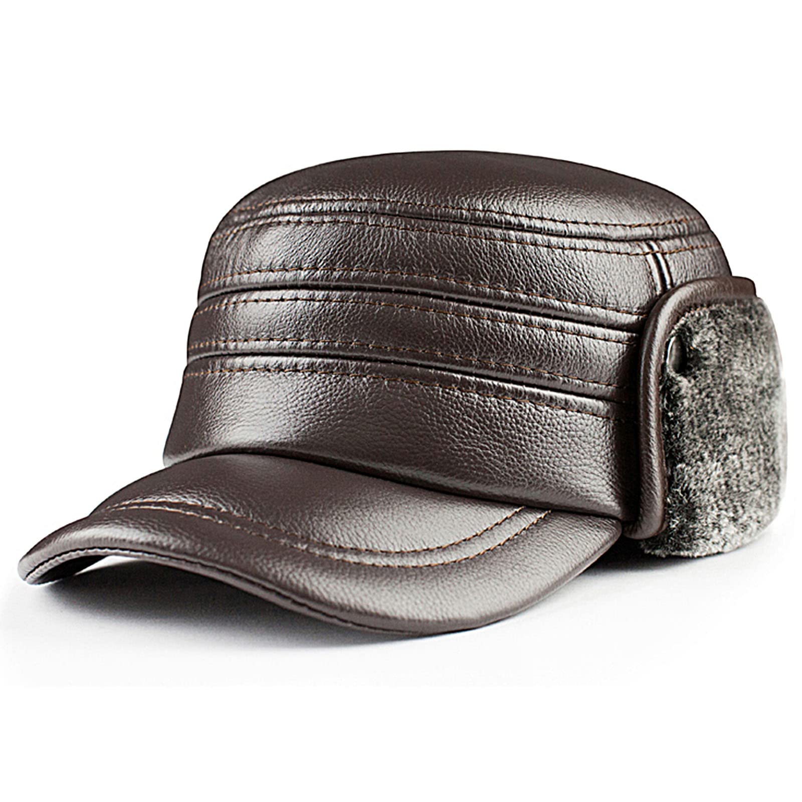 Cappello Invernale in Pelle con paraorecchie Aviatore cap Caccia Trapper Cappello Sci Neve Cappelli Impermeabile Invernale Cappello,Dark Brown,L(55~56cm)