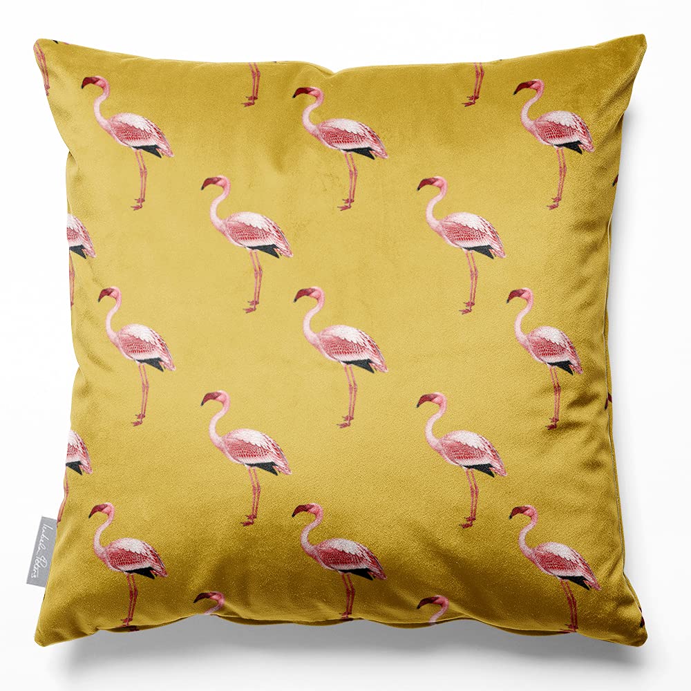 Izabela Peters Flamingos - Mustard Cushions With Covers Included, Filled Cushion, Eco-Friendly Velvet Cushions, 60 Cm, Chair Cushions, Sofa Cushions, Seat Cushions, Large Cushions