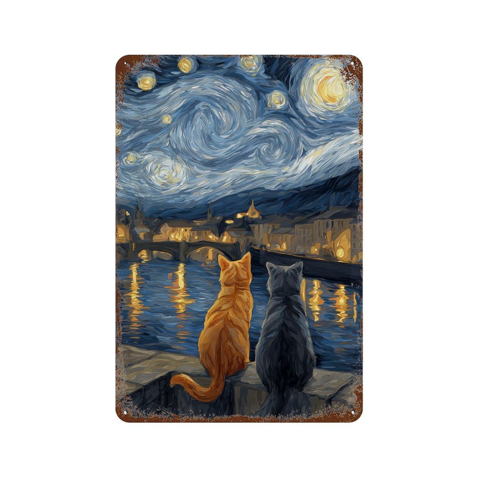 Starry Night Cats River View -1 11.8"x7.9" Retro Metal Sign, Vintage Wall Decor for Office, Studio And Wall Decor