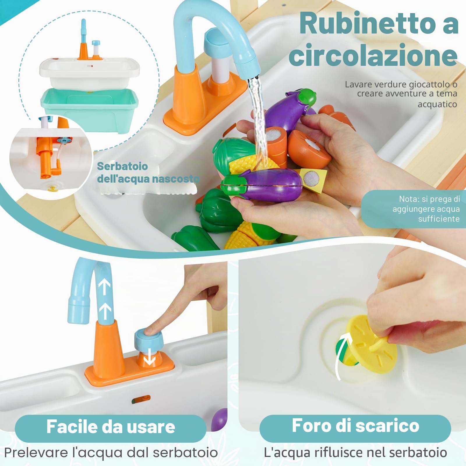 FANTASK Cucina da giardino in legno, per esterni, con rubinetto e grill, con spiedini in legno, per alimenti e accessori da giardino, per bambini a partire dai 3 anni in su
