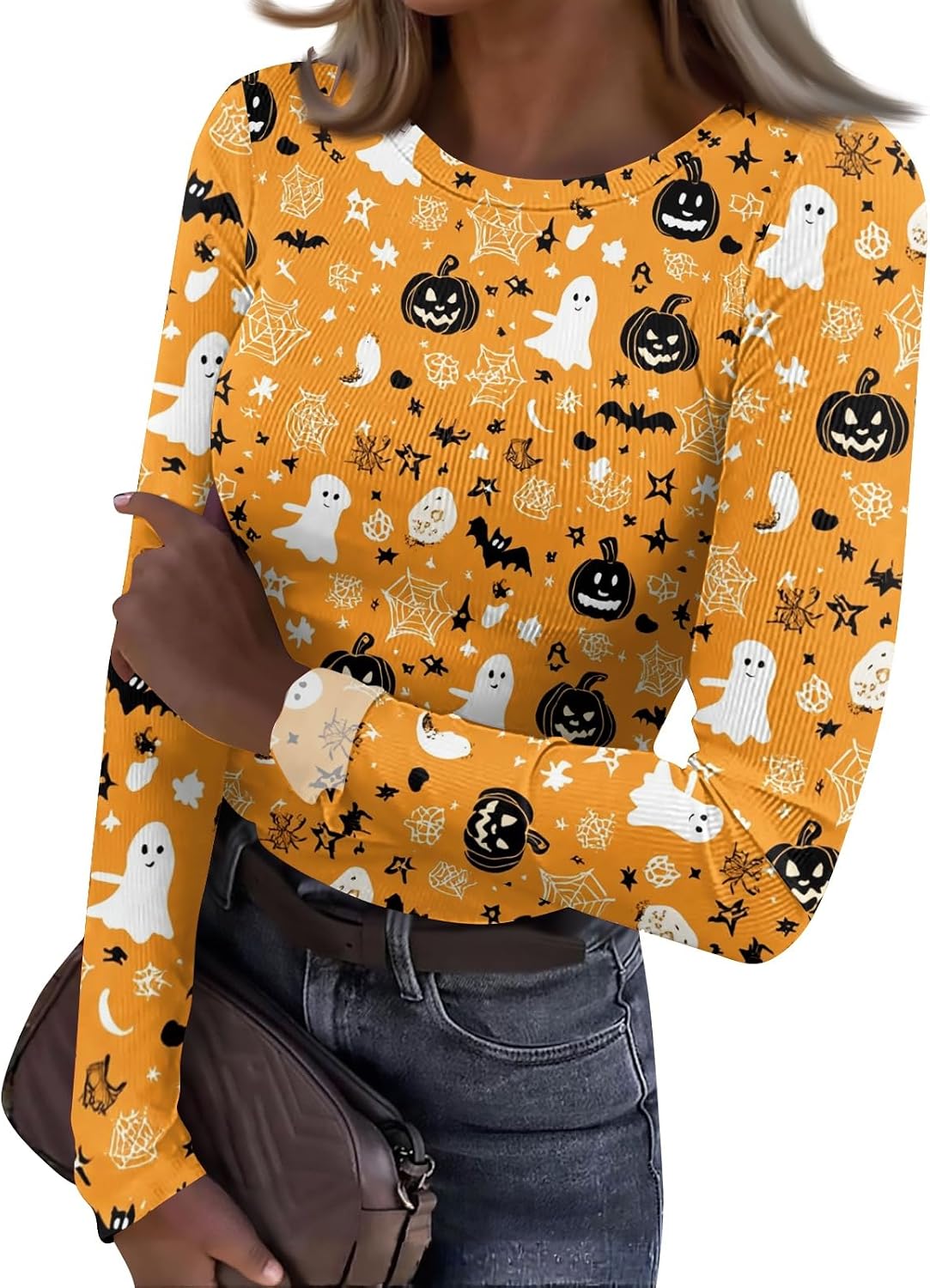 Women Halloween Long Sleeve Crewneck Fall Graphic Shirts | Womens Business Casual Tops, Womens Shirts, Summer Blouses, Halloween Custom for Women, Blusa De Mujer