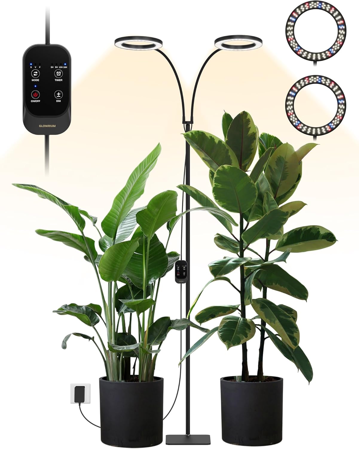 GLOWRIUM 48W LED Dual-Head Grow Light for Indoor Plants, 23.5-71" Adjustable Height, 3-Growing Full Spectrum for Tall Plant Light, 3/9/12/16H Timer, 6-Level Dimming, Ideal for Large Tall Plants