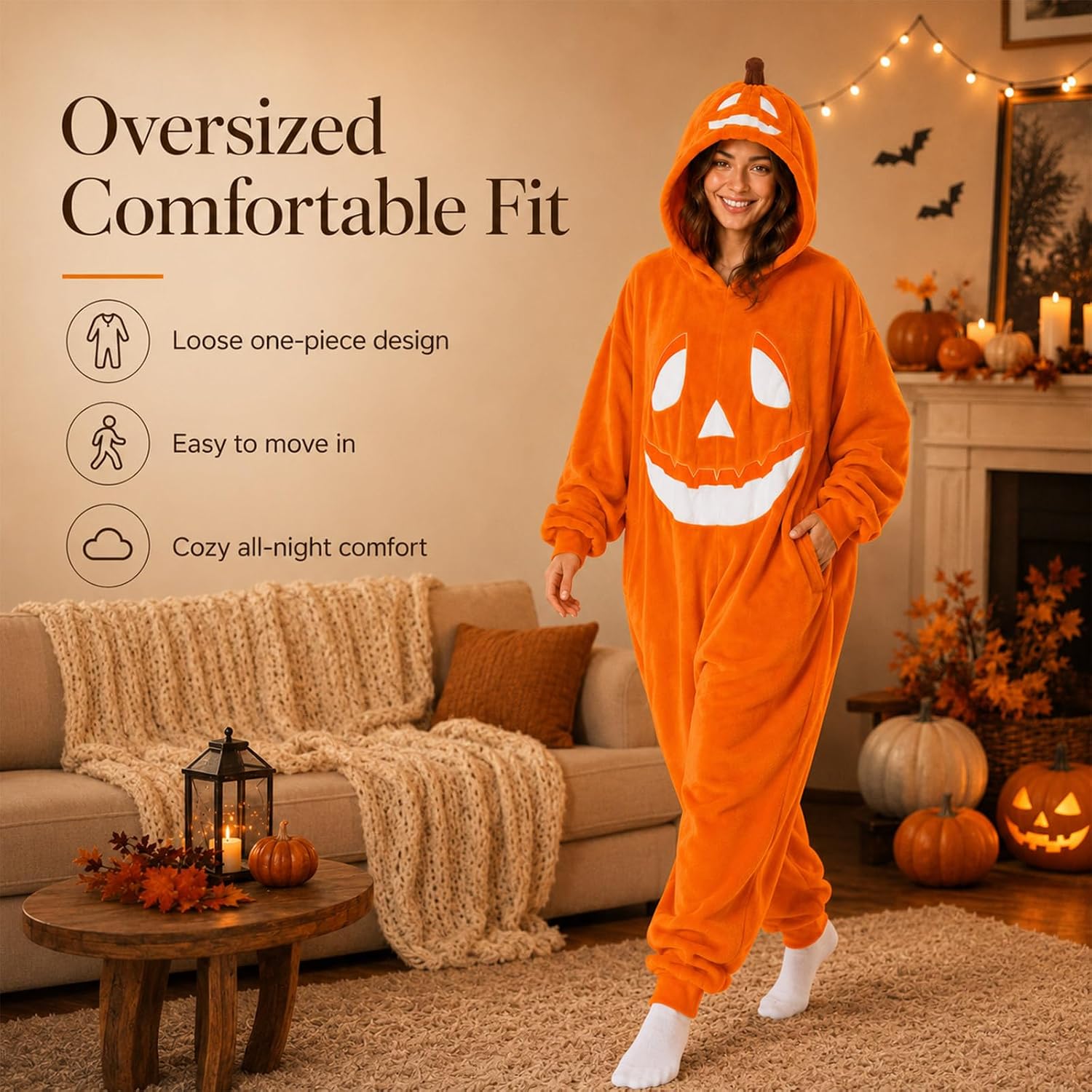 Pumpkin Plush Hooded Halloween Lantern Onesie Pajamas，Plush Hooded Costume For Adults，Unisex,Kids