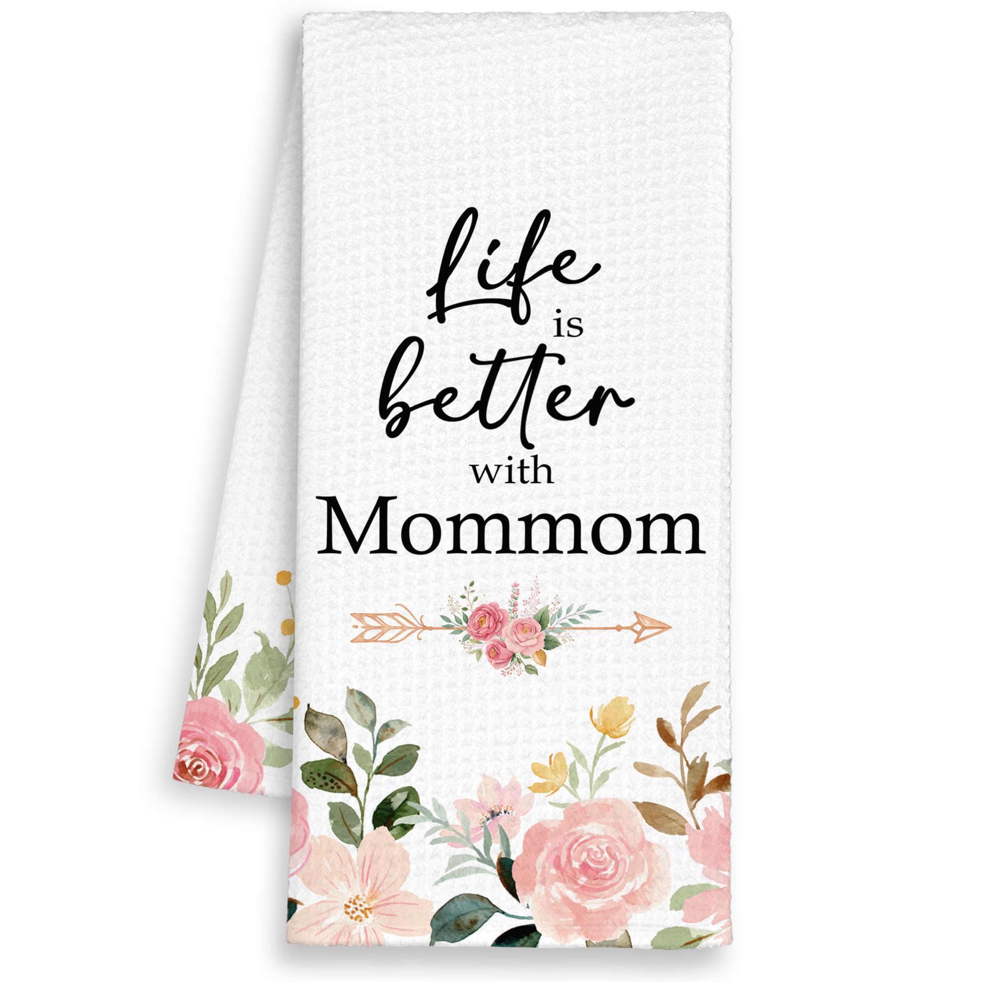 Mommom Grandma Kitchen Towels Gifts, Life is Better with Mommom Gifts for Birthday Mother's Day, Pink Floral Rose Peony Hand Towels Decor for Bathroom, Rustic Dish Tea Bar Towel Home 16x24in