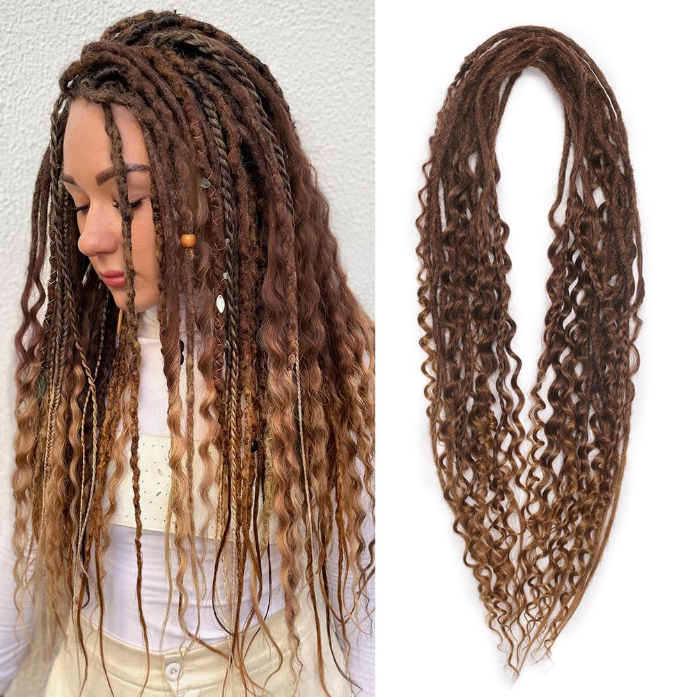 24inches 30 Strands Double Ended Dreadlocks Sets,3 Styles in 1 Mixed Straight Curly Boho Thin Soft DE Dreadlock Extension for Women (T4/27)