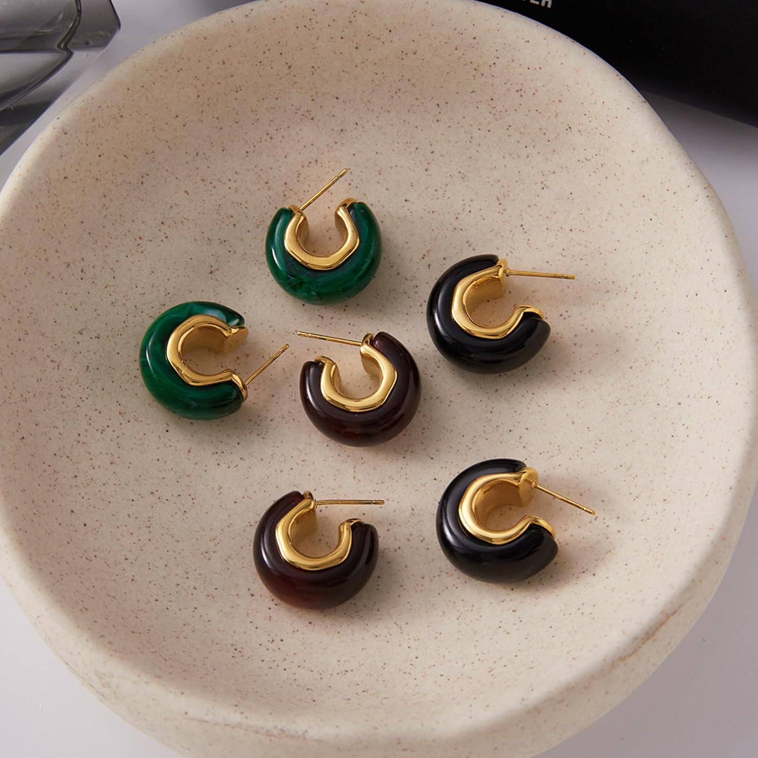 Gold Statement Earrings for Women Vintage Brown Amber Resin Hoop Earrings 14K Gold Plated Hypoallergenic Jewelry - Image 6