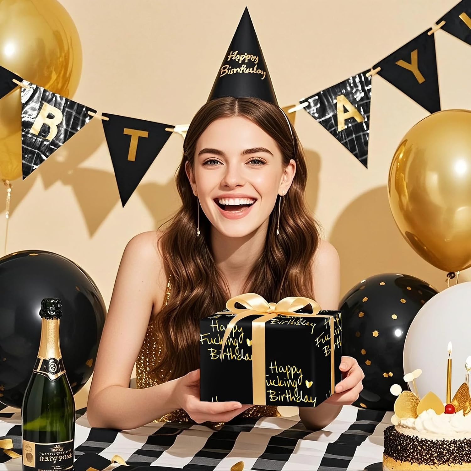 WRAPAHOLIC Funny Birthday Wrapping Paper Roll - Mini Roll - 17 Inch x 16.5 Feet - Black and Gold Rude Happy Fucking Birthday Adult Wrapping Paper for Adult, Girlfriend, Boyfriend, Anniversary